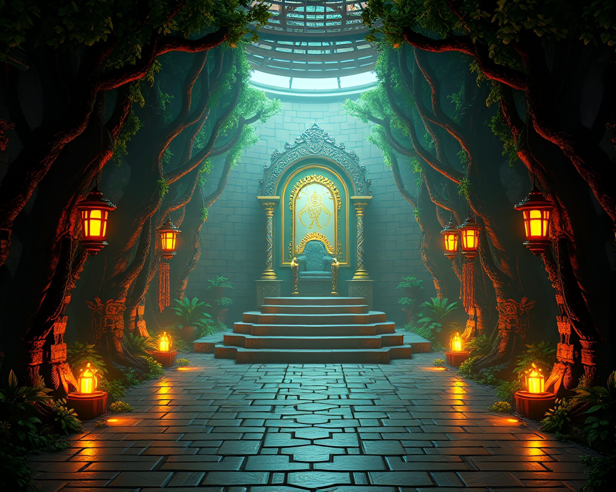 Ancient Grove Voxel Throne Room Mosaic Tiling – free AI stock image