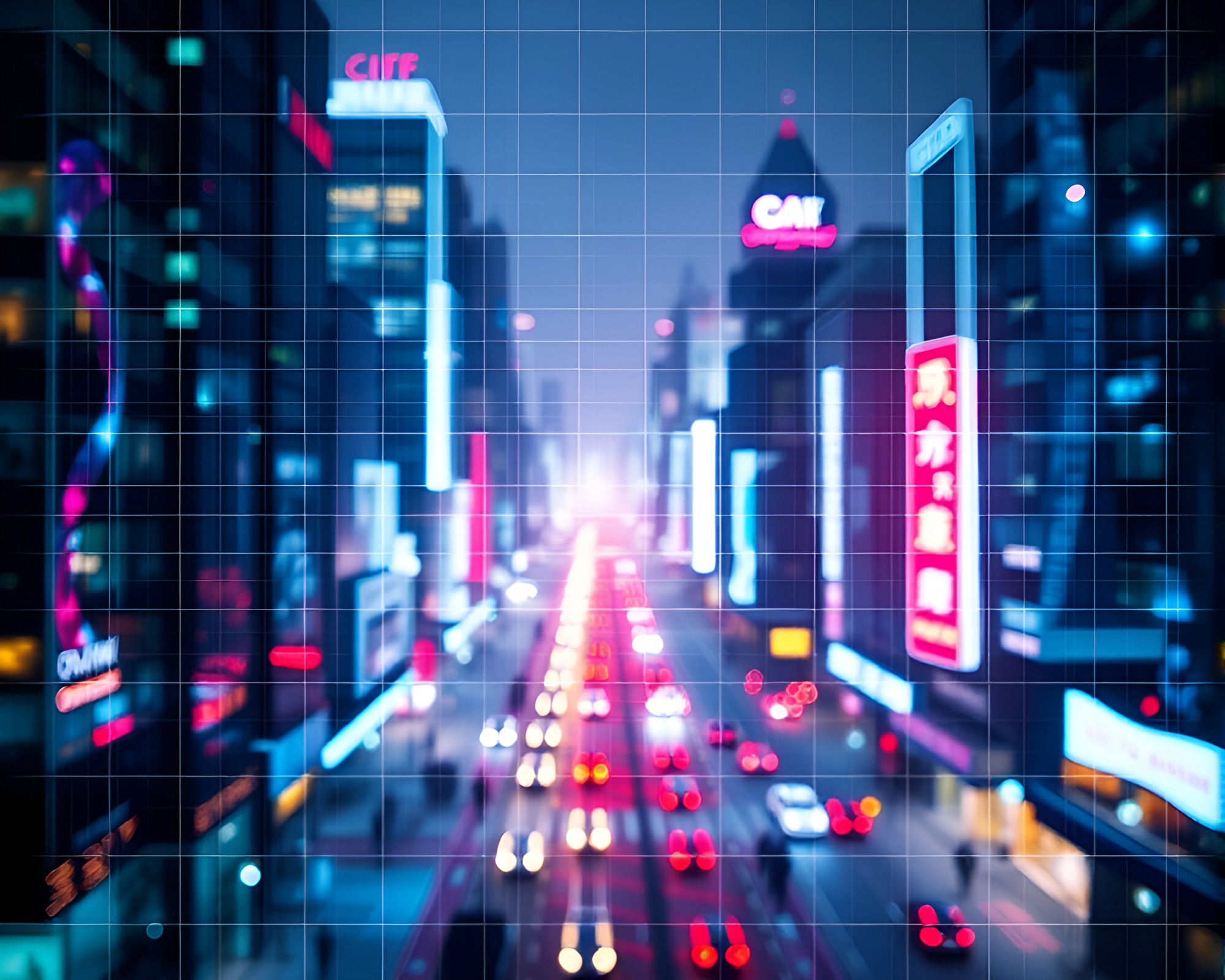 Glowing Neon Elf in Grid Cityscape – free AI stock image