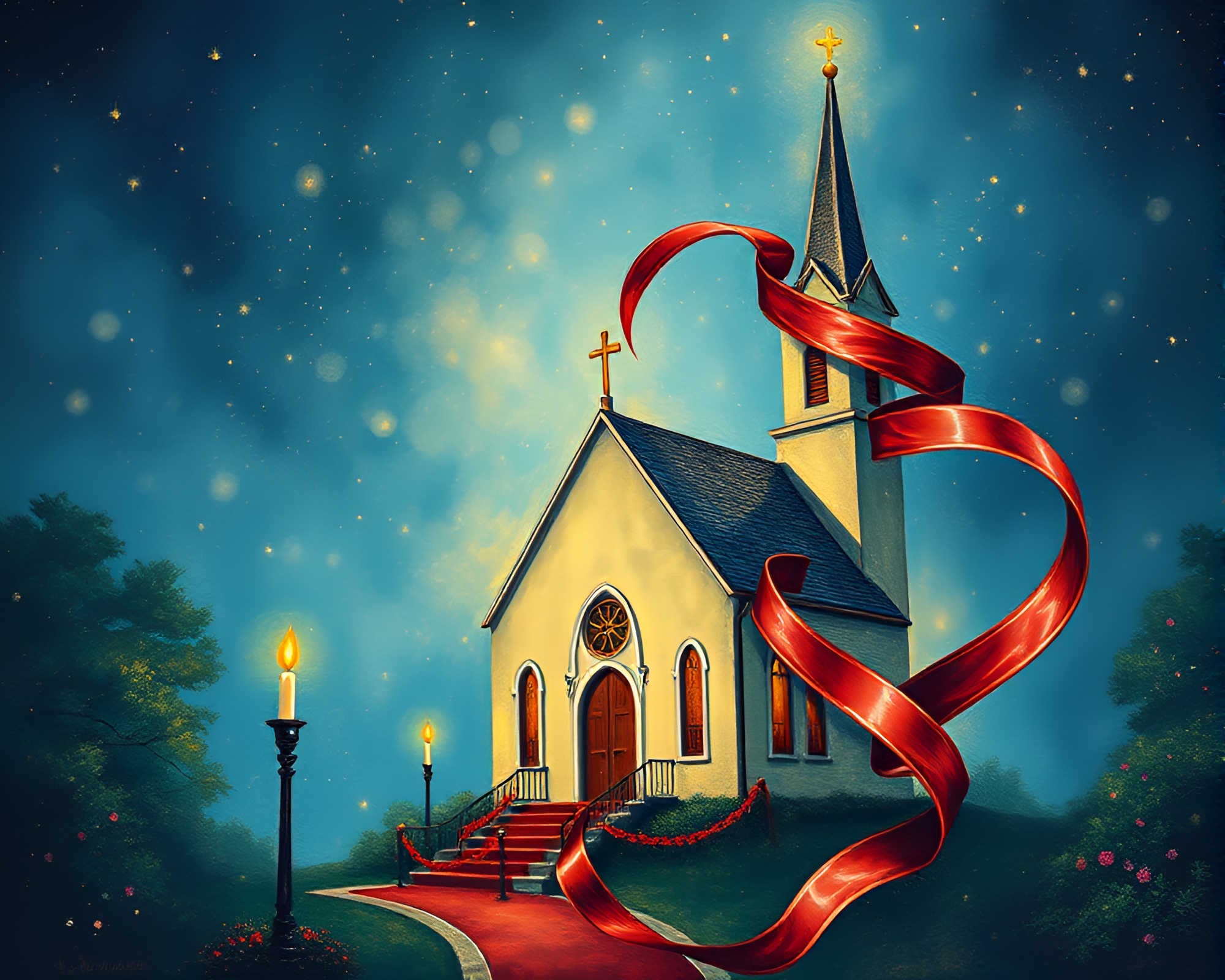 Satin Ribbon Spiral Illuminated by Church Candlelight – free AI stock image