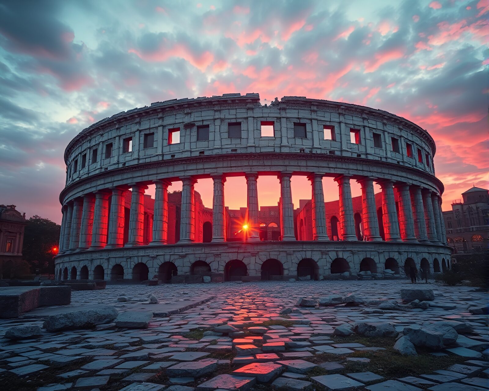 Fragmented mosaic ruins glowing pink in futuristic setting