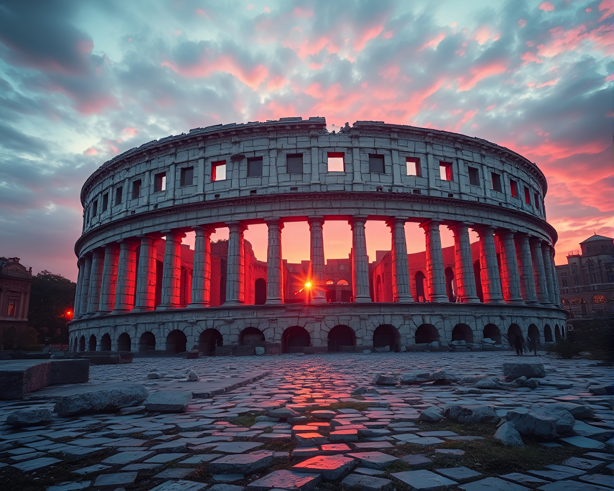 Cybernetic Roman Coliseum Mosaic at Sunrise – free AI stock image