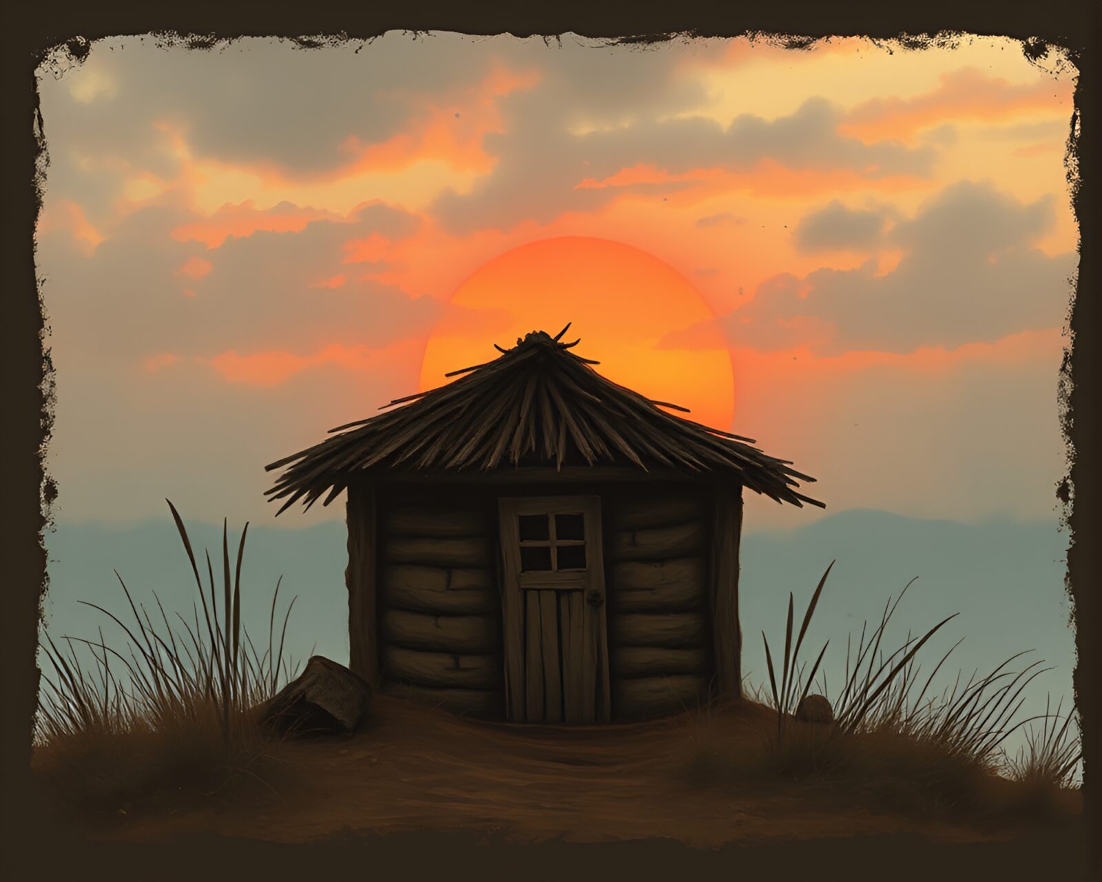Cool dawn light illuminates a mud hut in splatter art style