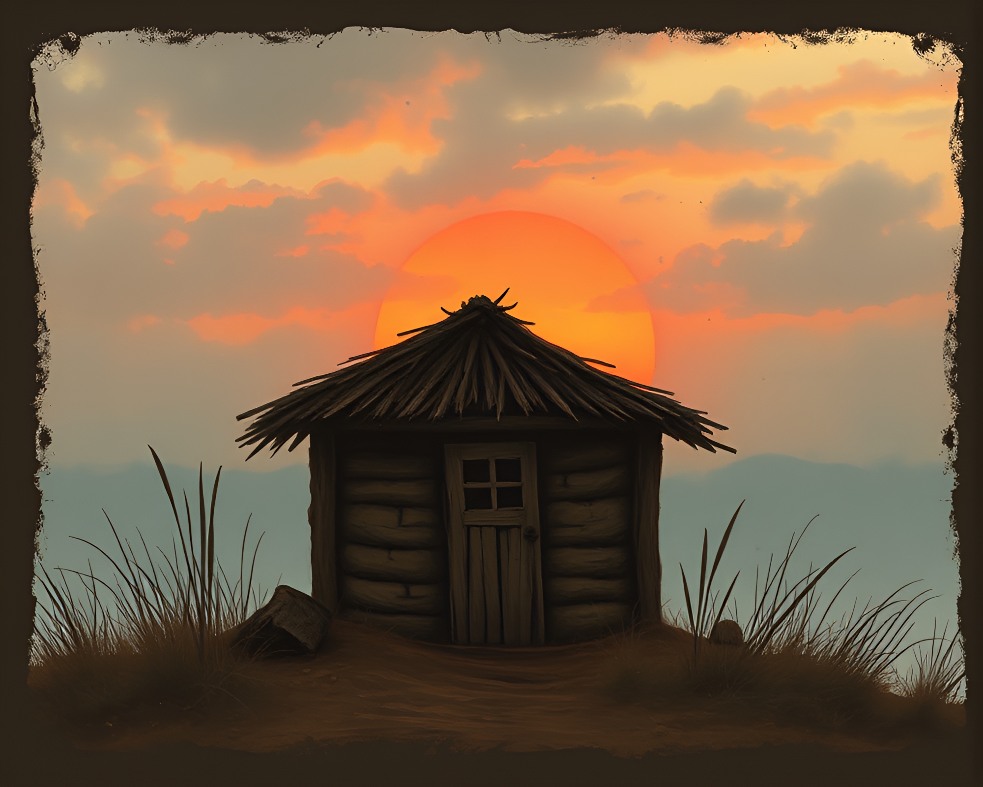 Mud Hut Dawn: Splatter Art Vignette Border – free AI stock image