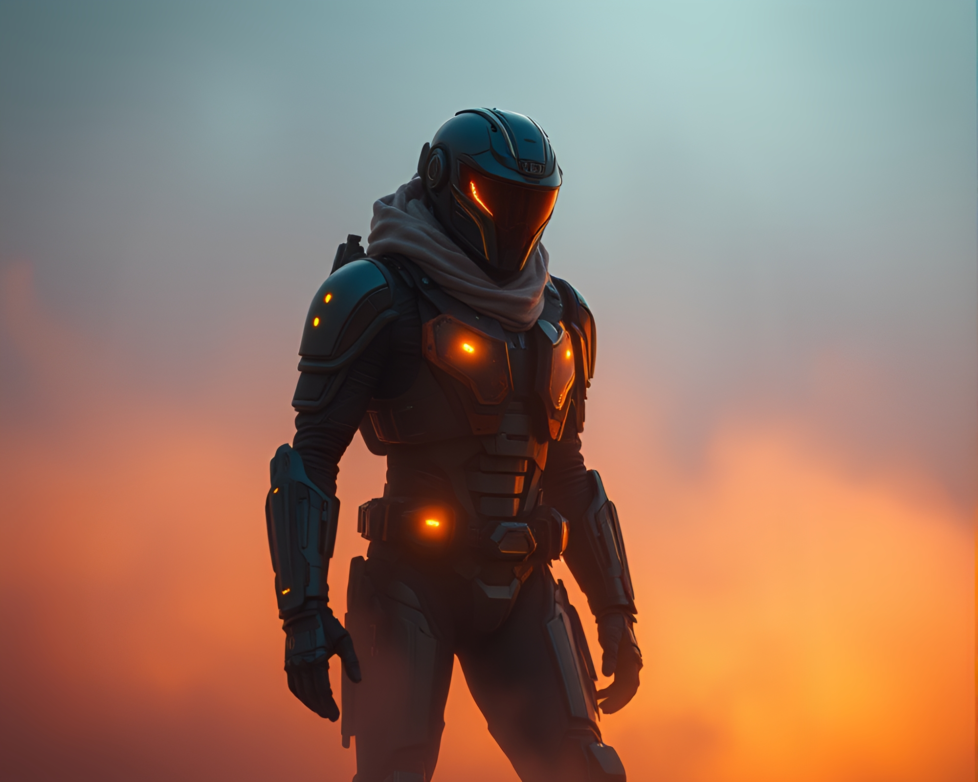 Fog Drifting Exoskeleton Suit in Golden Hour Glow – free AI stock image