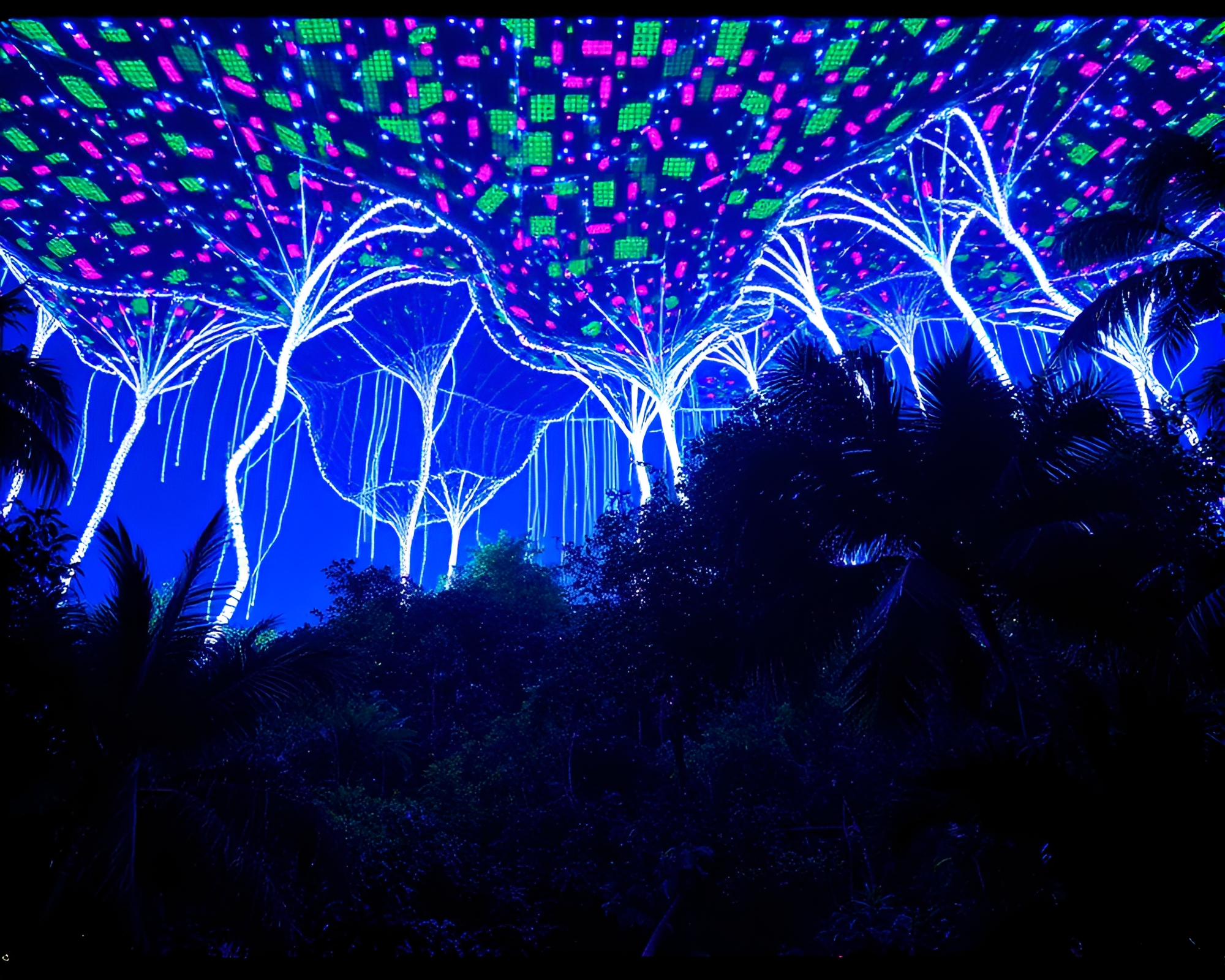LED Pixel Rainforest Canopy Stencil Art – free AI stock image