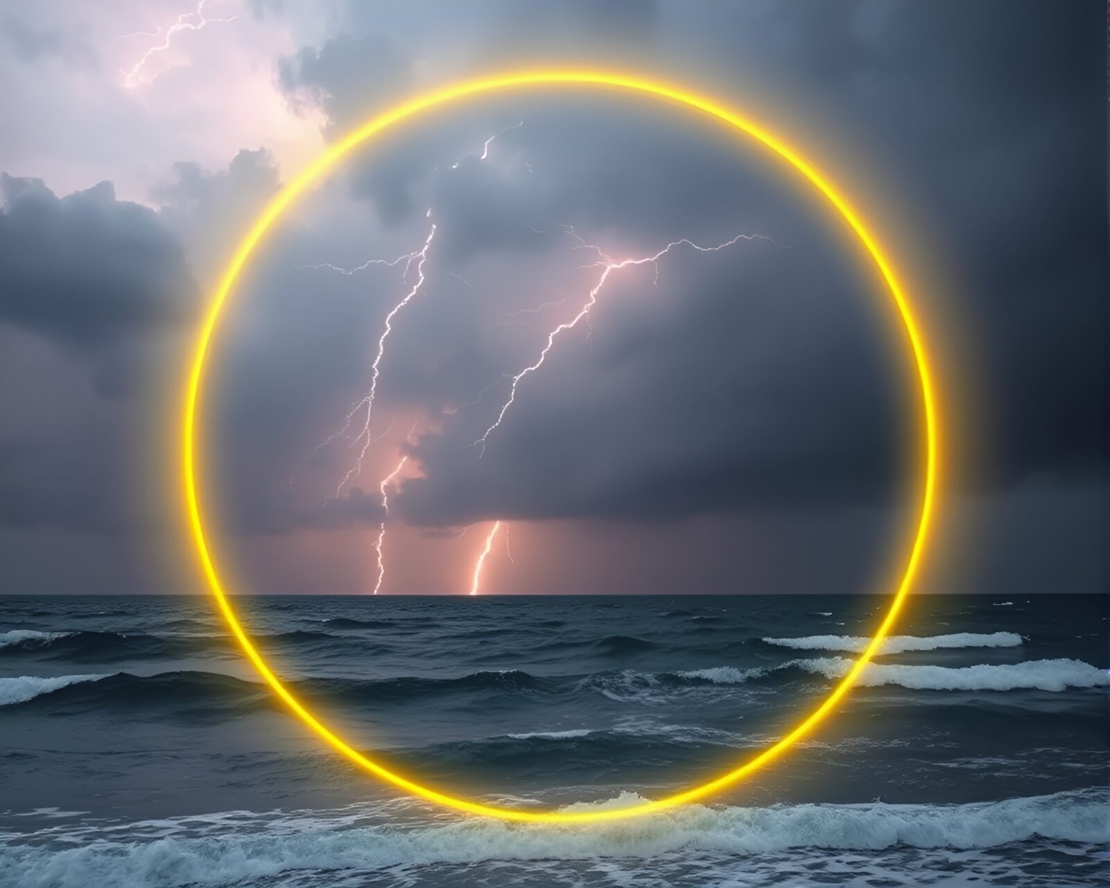 Circular frame with thunderstorm above lemon-yellow ocean waves
