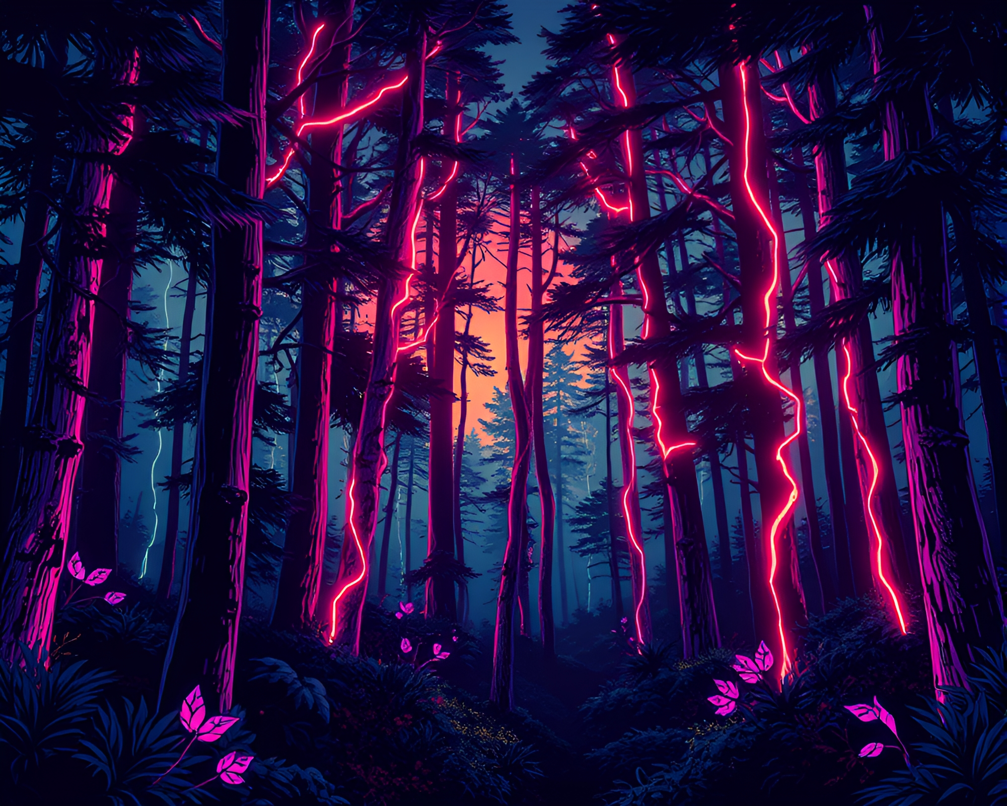 Neon Forest Illuminated by Retro Scanlines – free AI stock image