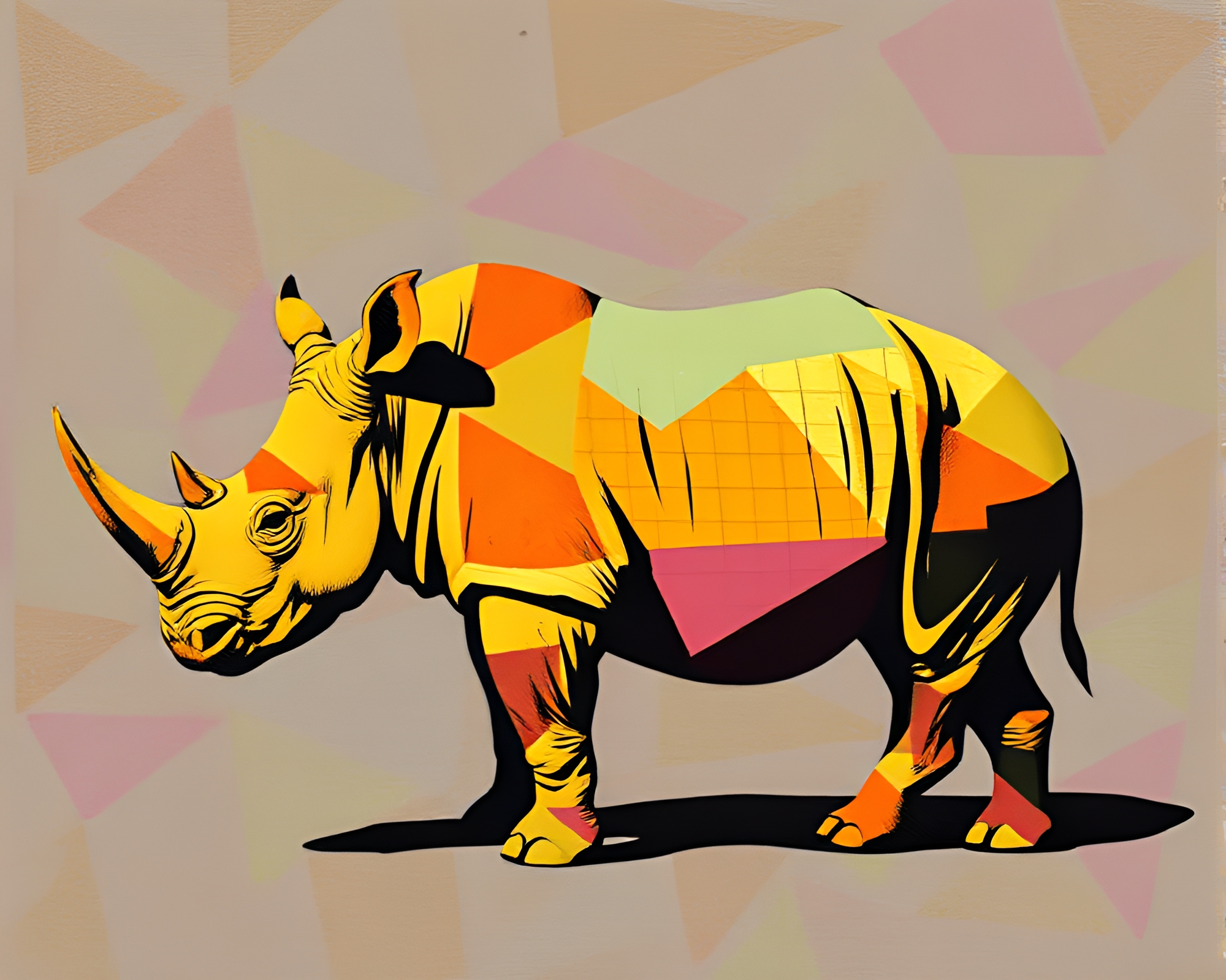 Stenciled Rhinoceros in Mosaic Shadows – free AI stock image