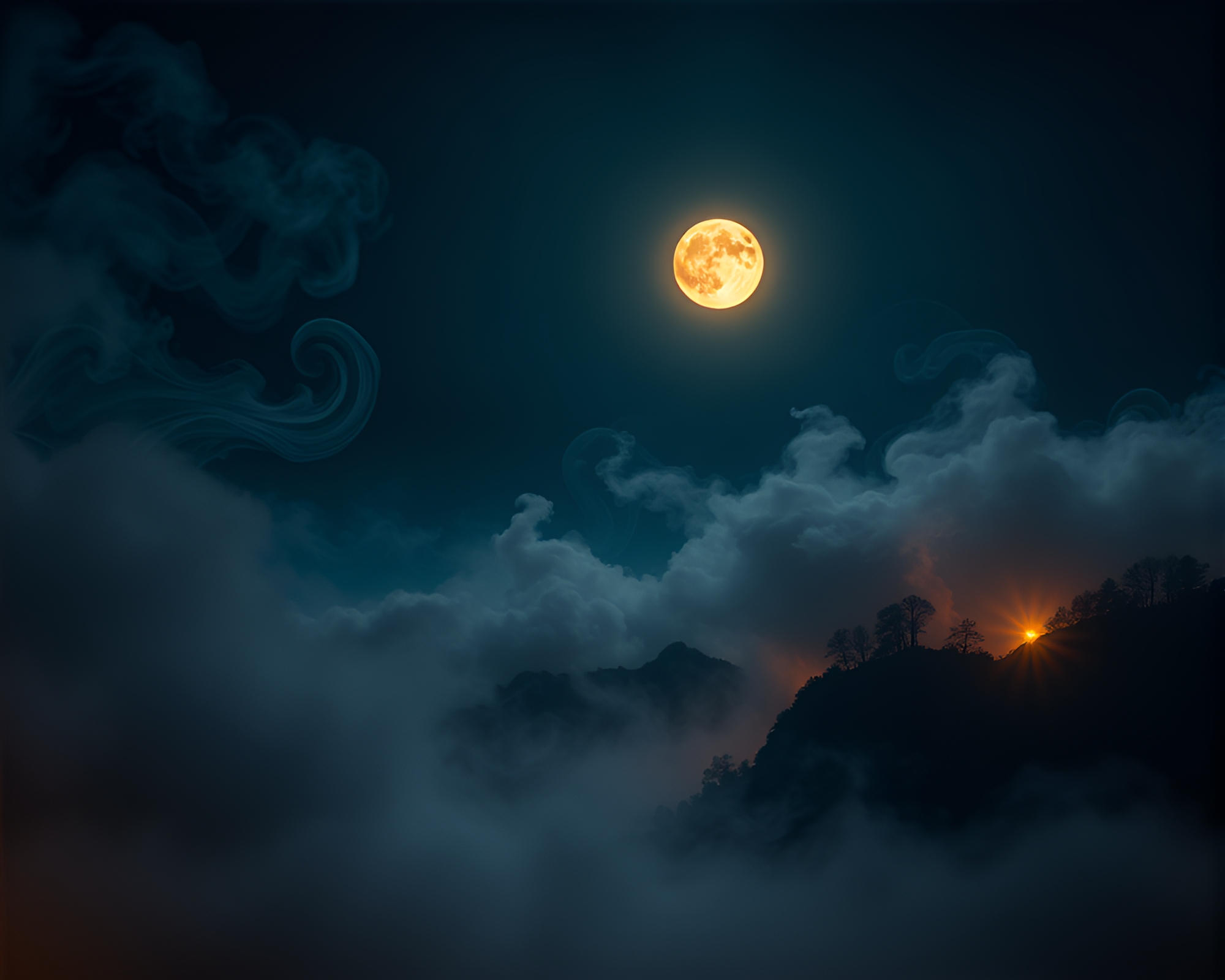 Moonlit Oasis with Ethereal Smoke Plume – free AI stock image
