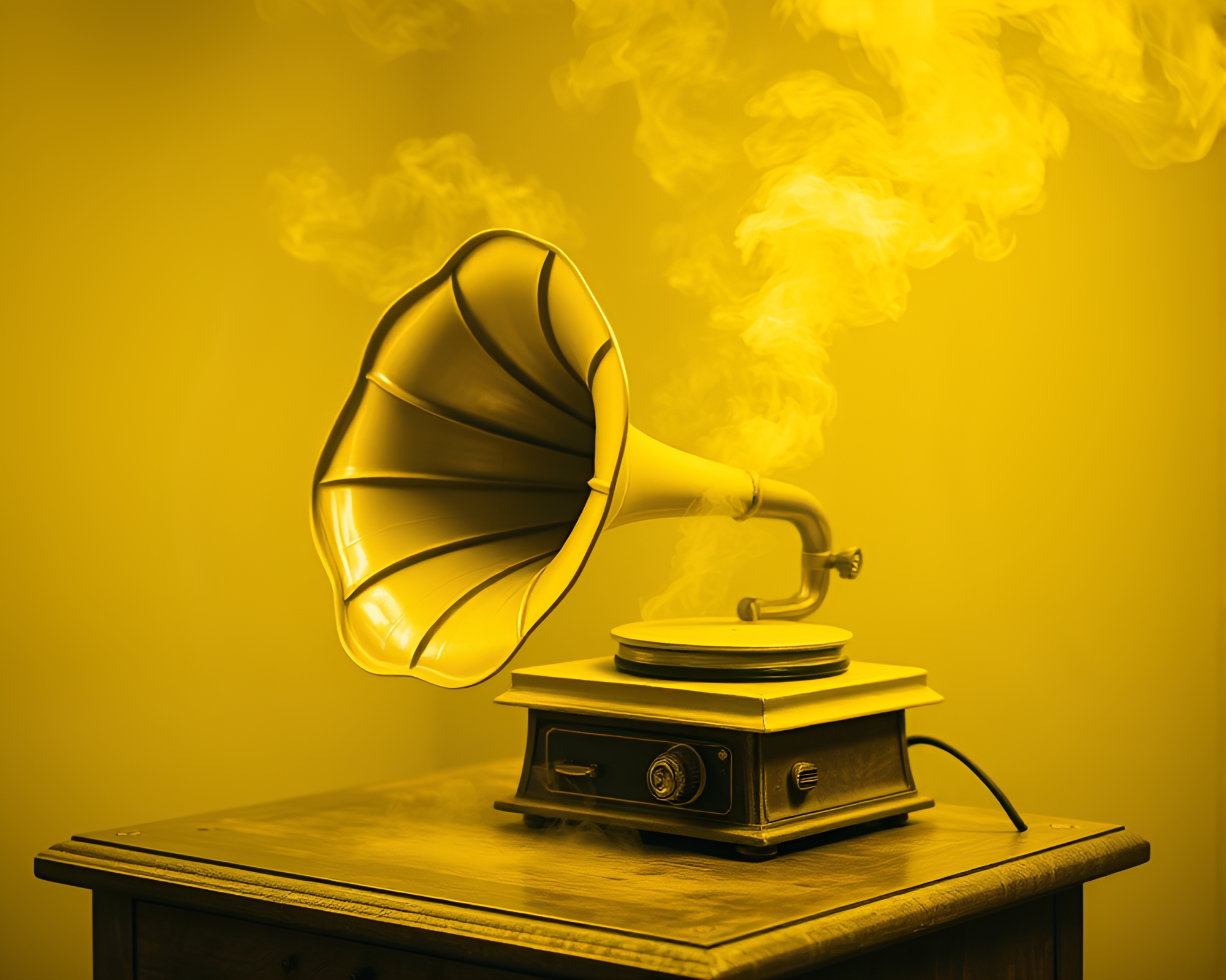 Steampunk Gramophone Emanating Yellow Steam Vapor – free AI stock image
