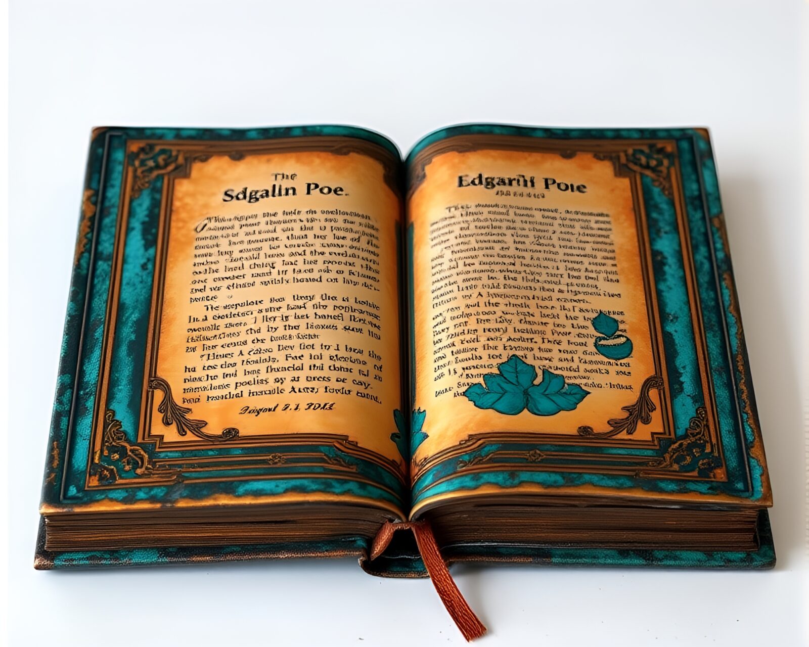 Illustration of a manga-style Edgar Allan Poe themed scene with copper verdigris hues and savannah golds