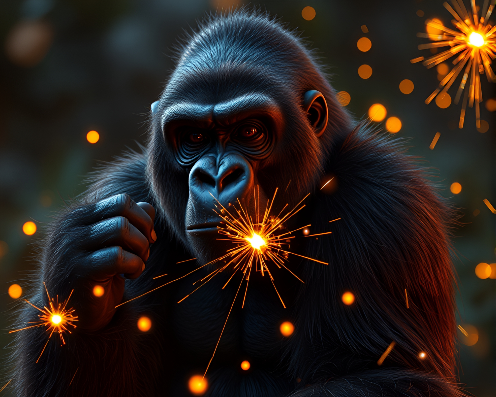 Gorilla in Firefly Sparkler Trail Night – free AI stock image
