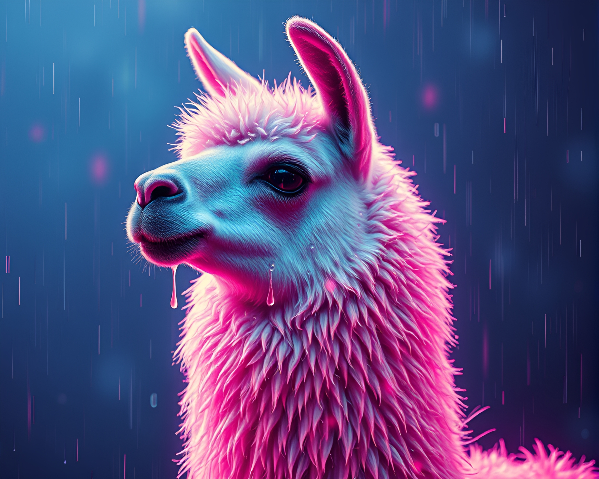 Luminous Llama Surrounded by Glitched Water Droplets – free AI stock image