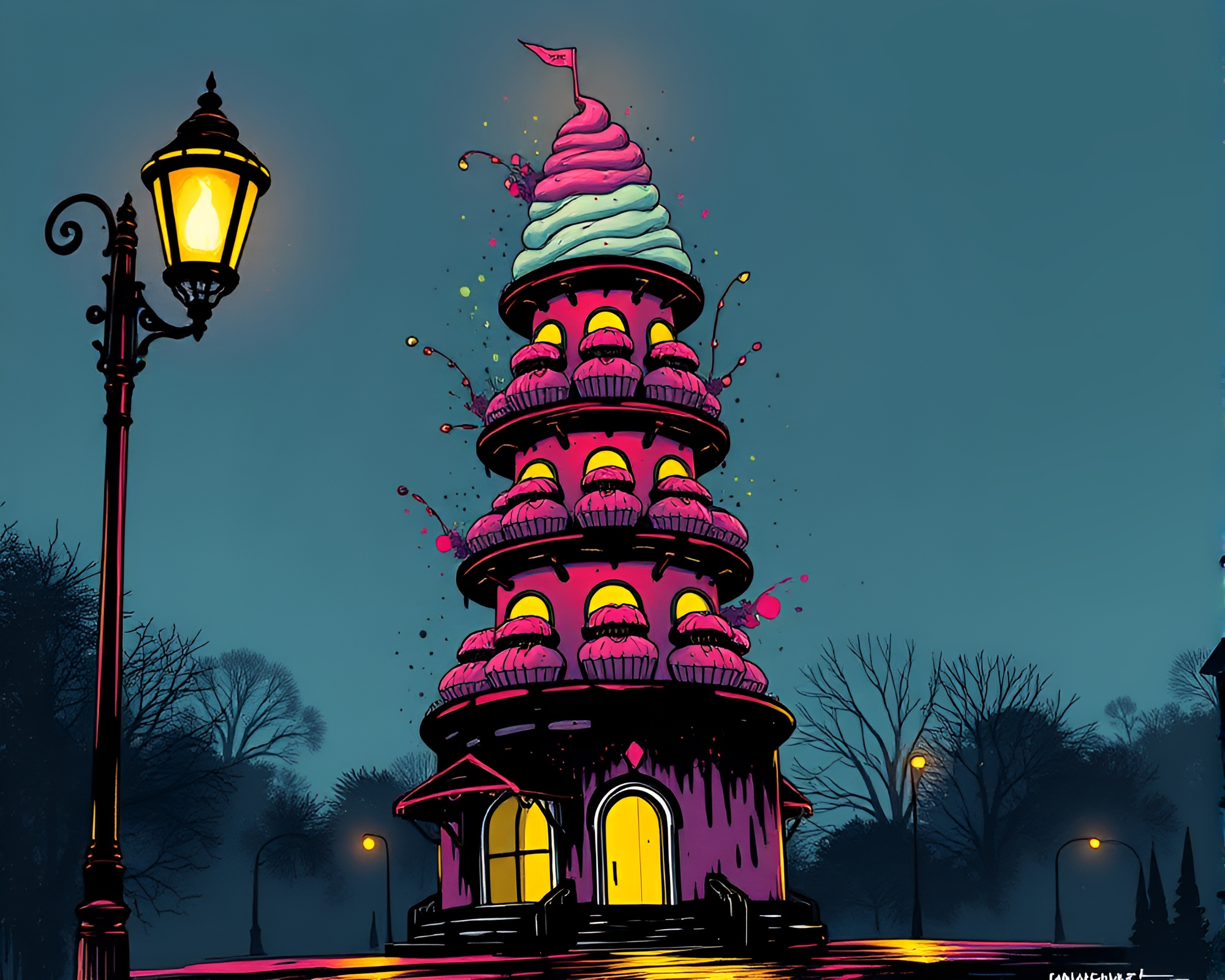 Ink Splattered Cupcake Tower in Comic Book Style – free AI stock image
