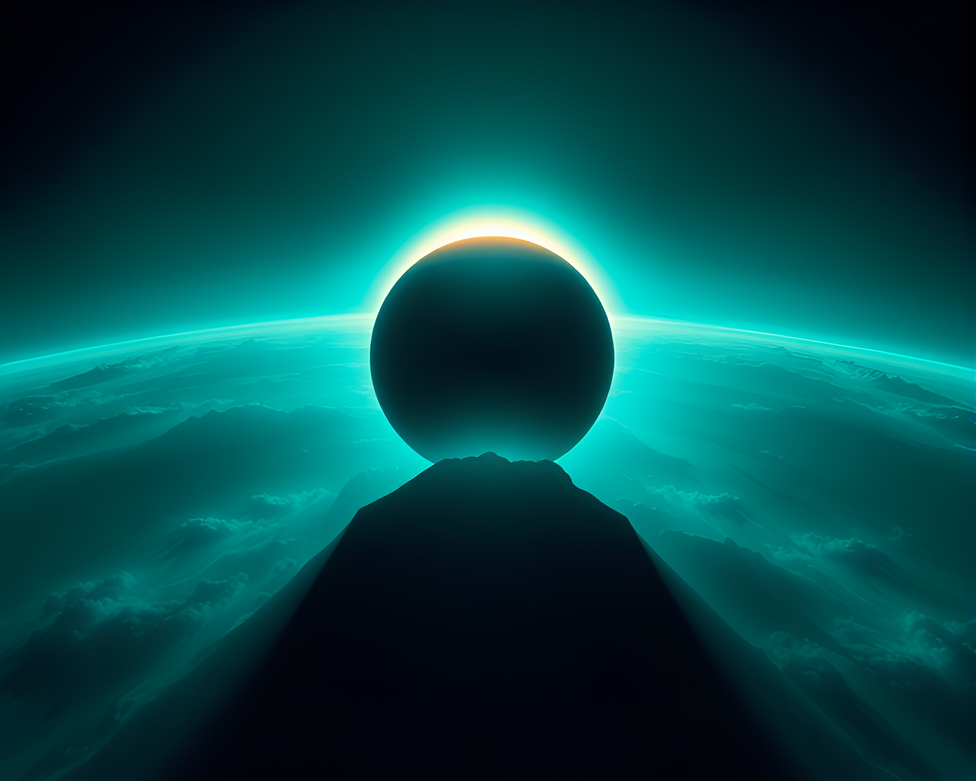 Aerial Solar Eclipse Glitch Art Teal Serenity Image – free AI stock image