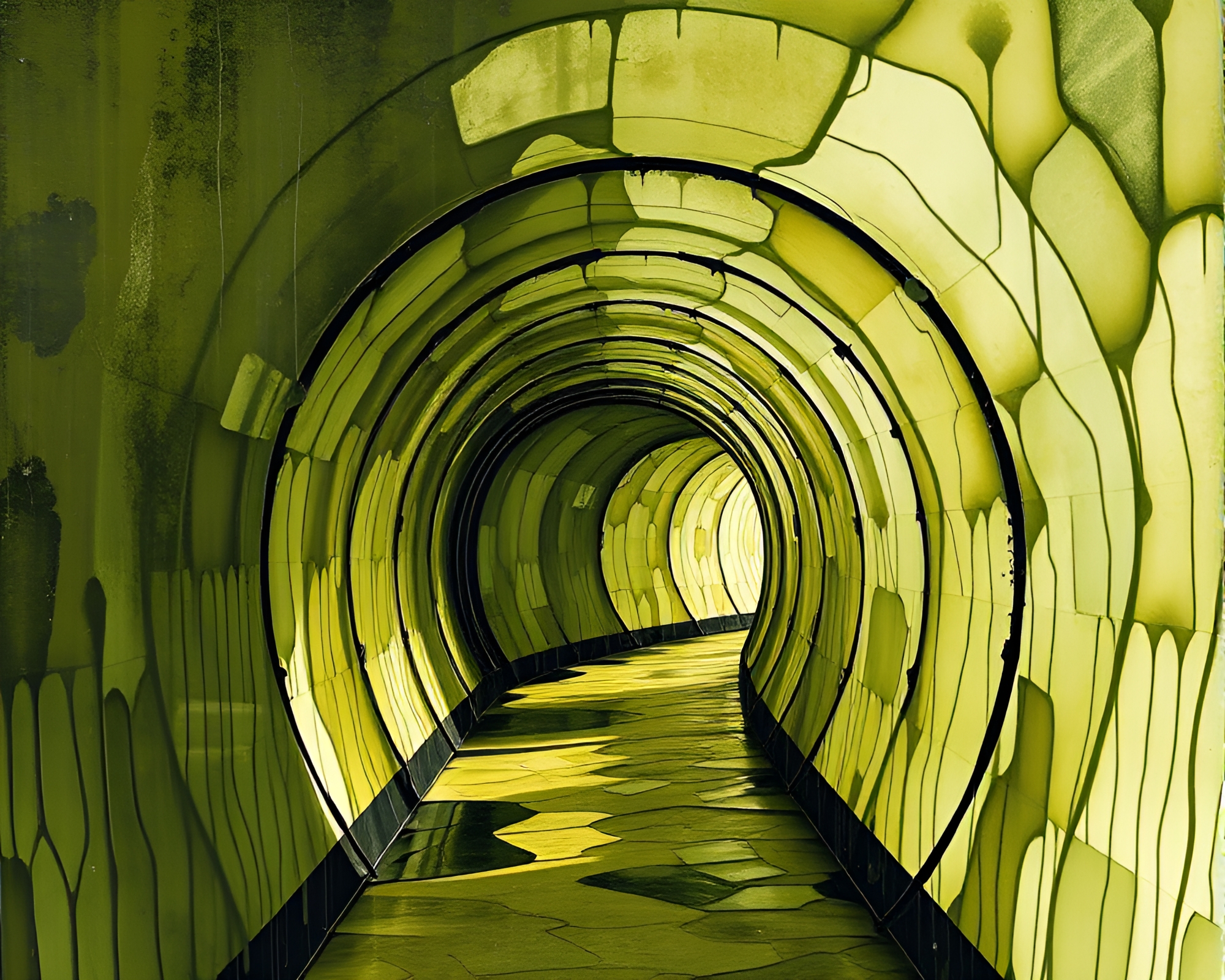 Glass Tunnel Collage in Olive Drab Dripped Paint Style – free AI stock image