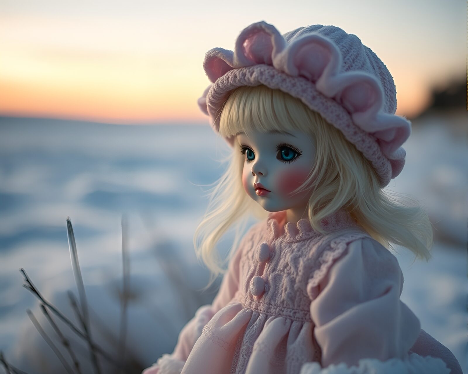 Enchanting porcelain doll in polar twilight with slow shutter