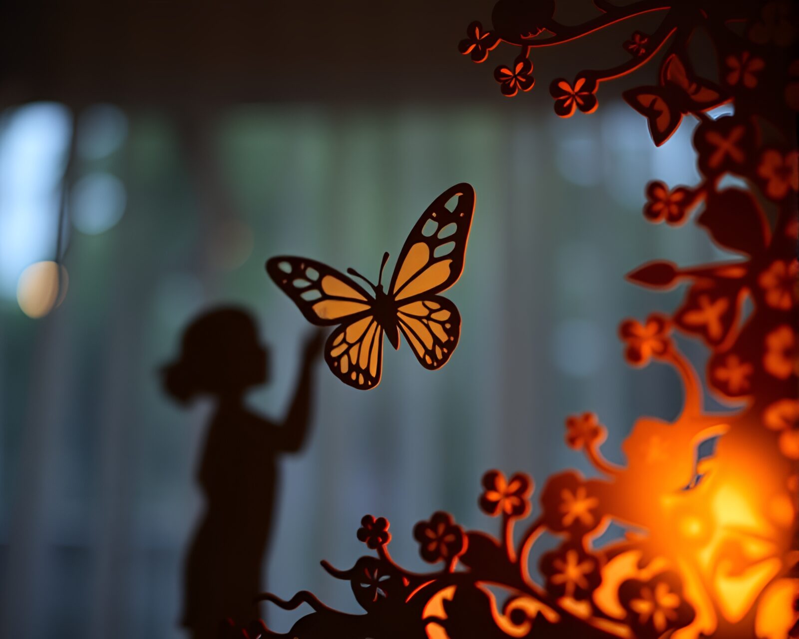 A paper cutout of a silk butterfly illuminated by rim lighting