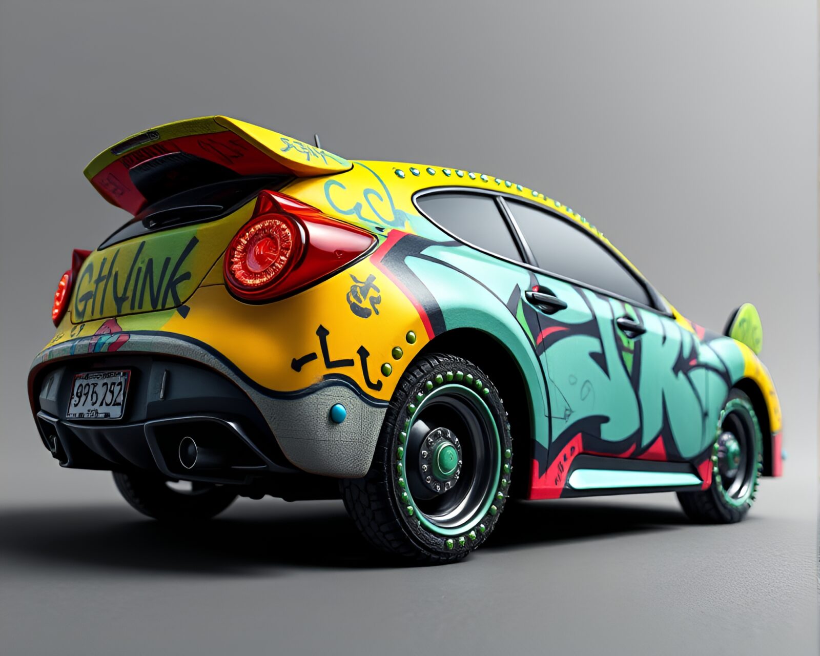 Colorful flying car adorned with intricate beadwork and graffiti