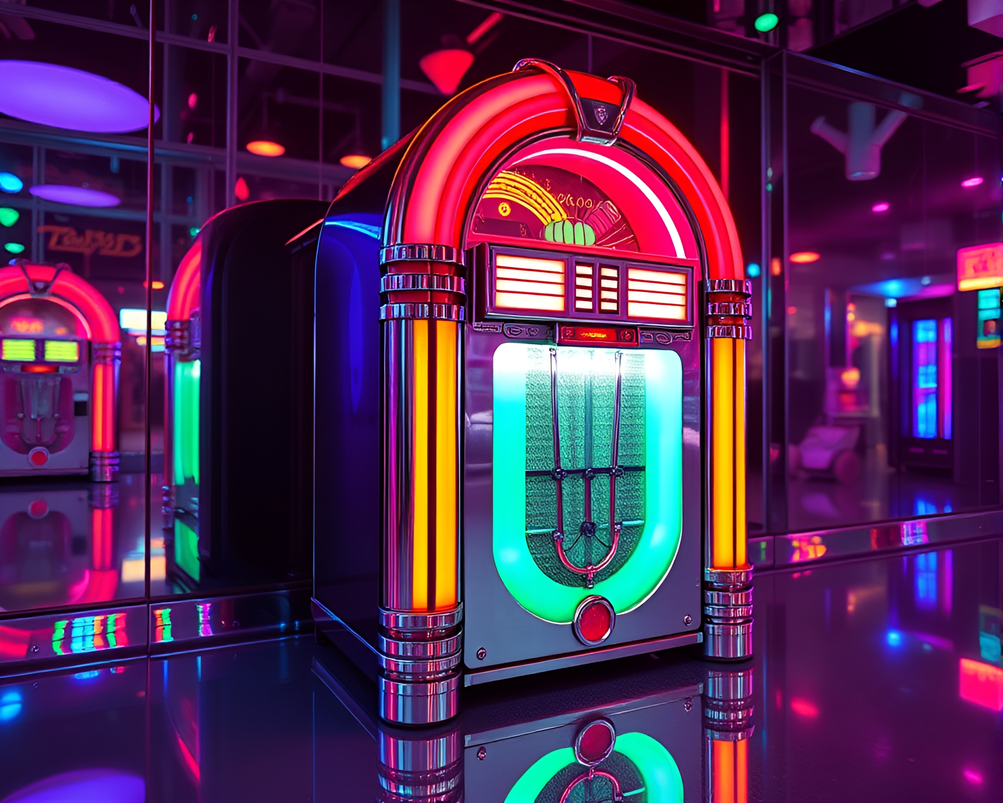 Surreal Chrome Jukebox Reflection – free AI stock image