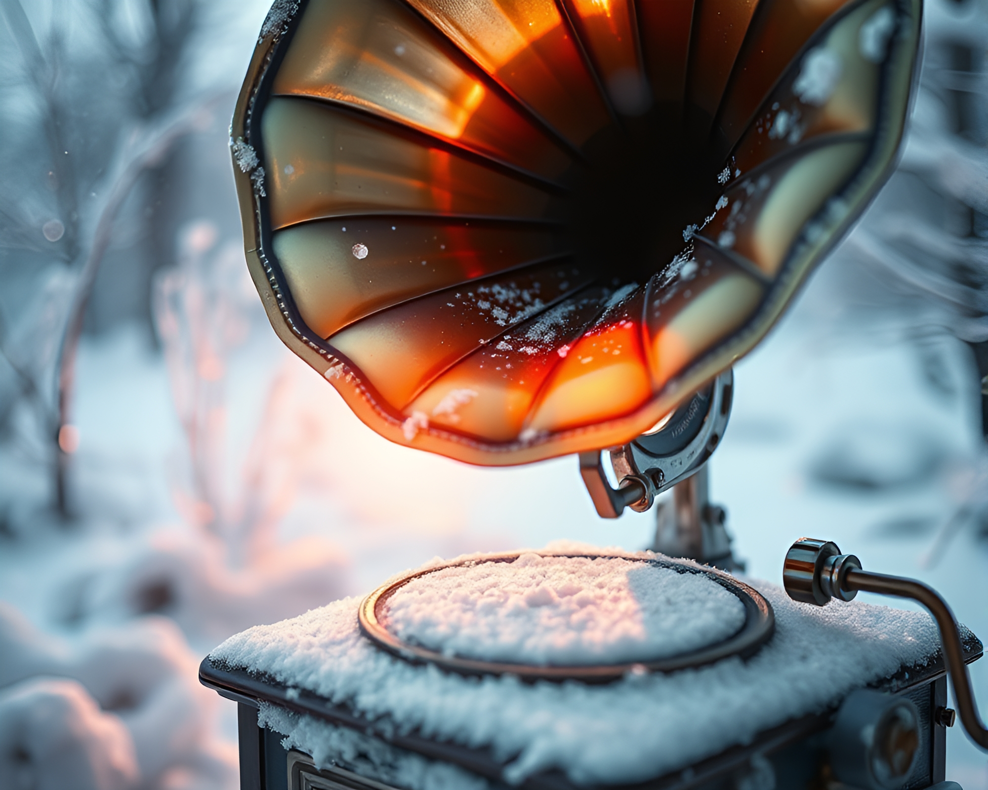 Steampunk Gramophone in Snowy Light – free AI stock image