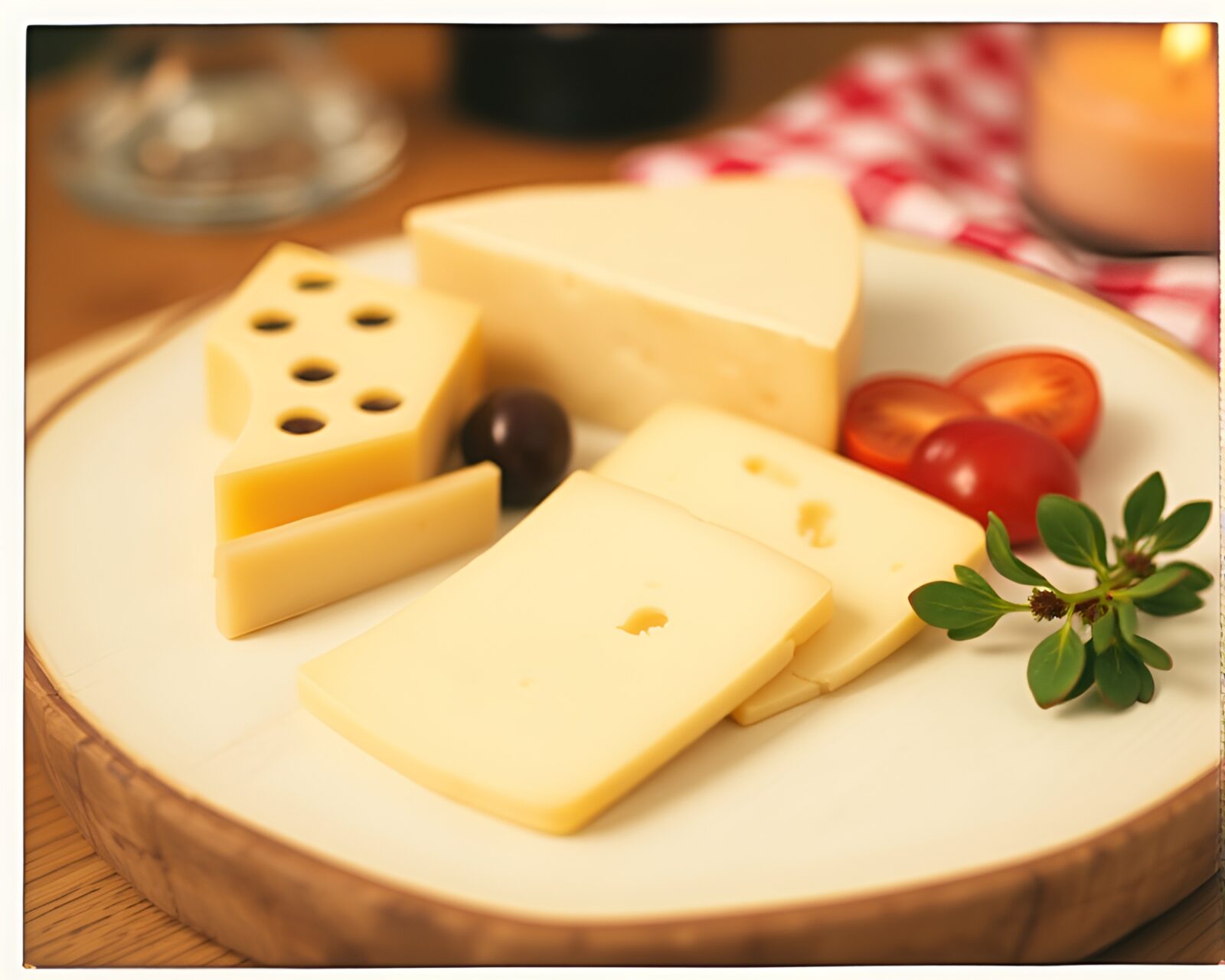 Low-angle view of artfully arranged cheese platter in vintage style