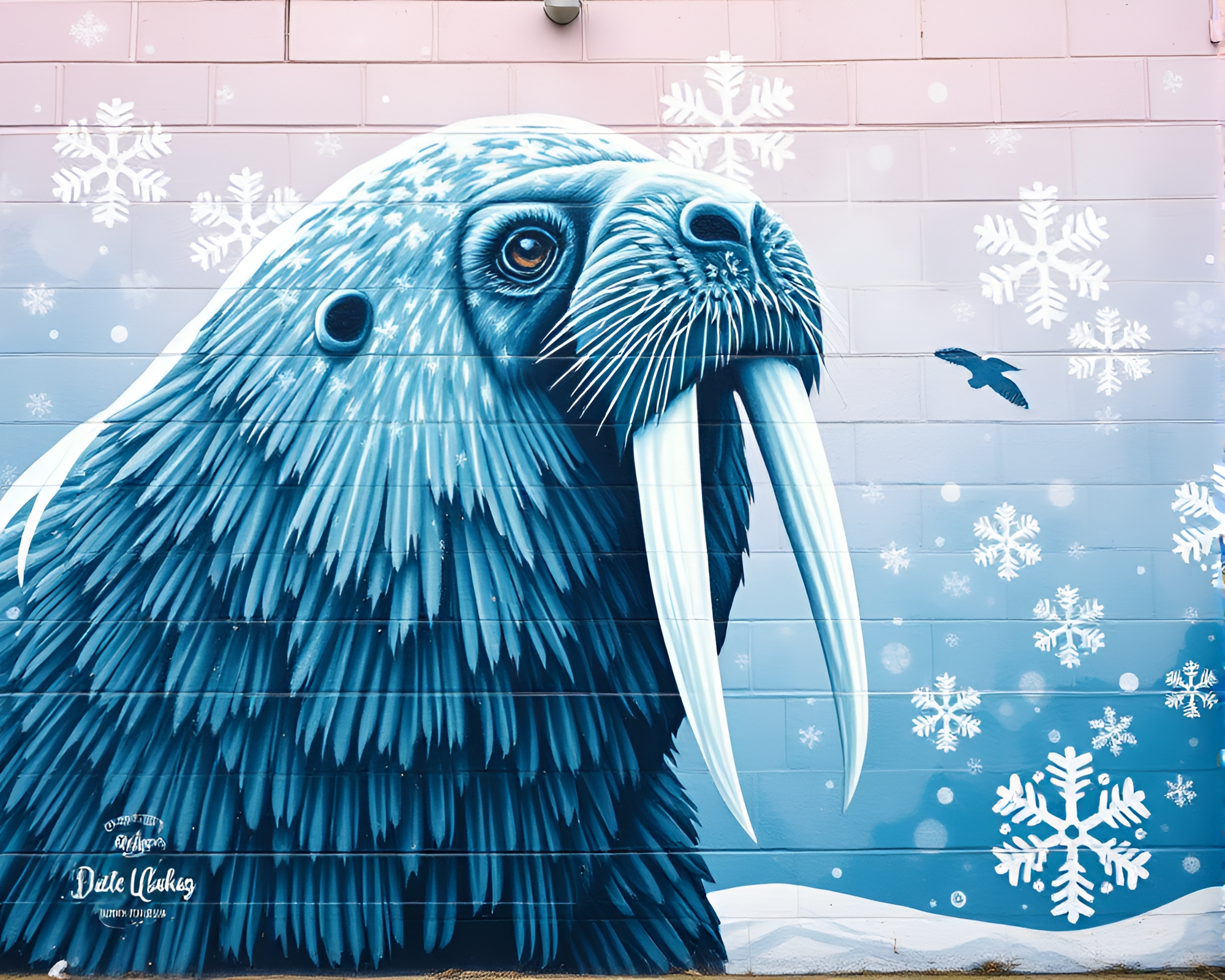 Arctic Walrus Amidst Snowflake Mural – free AI stock image
