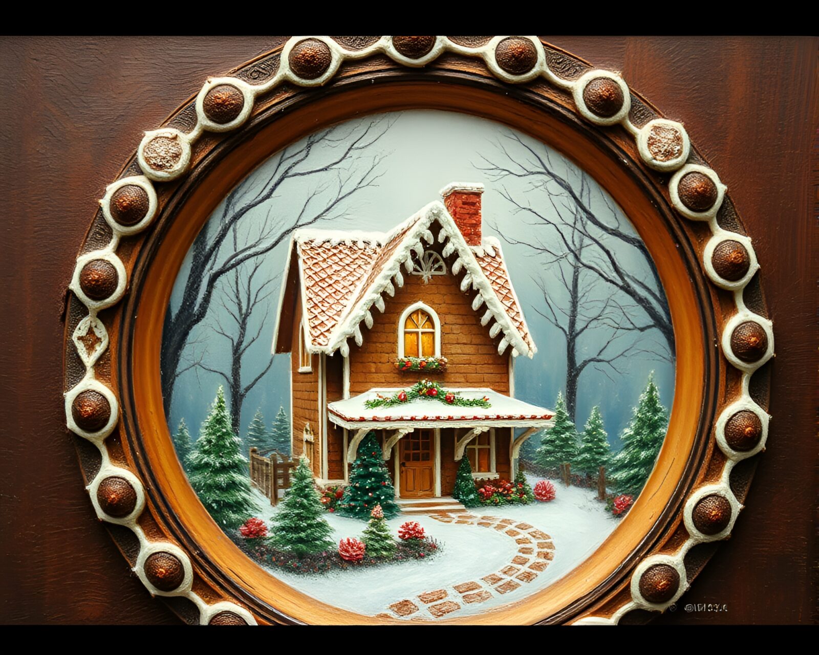 Circular framing of expressionist gingerbread house with film grain mood