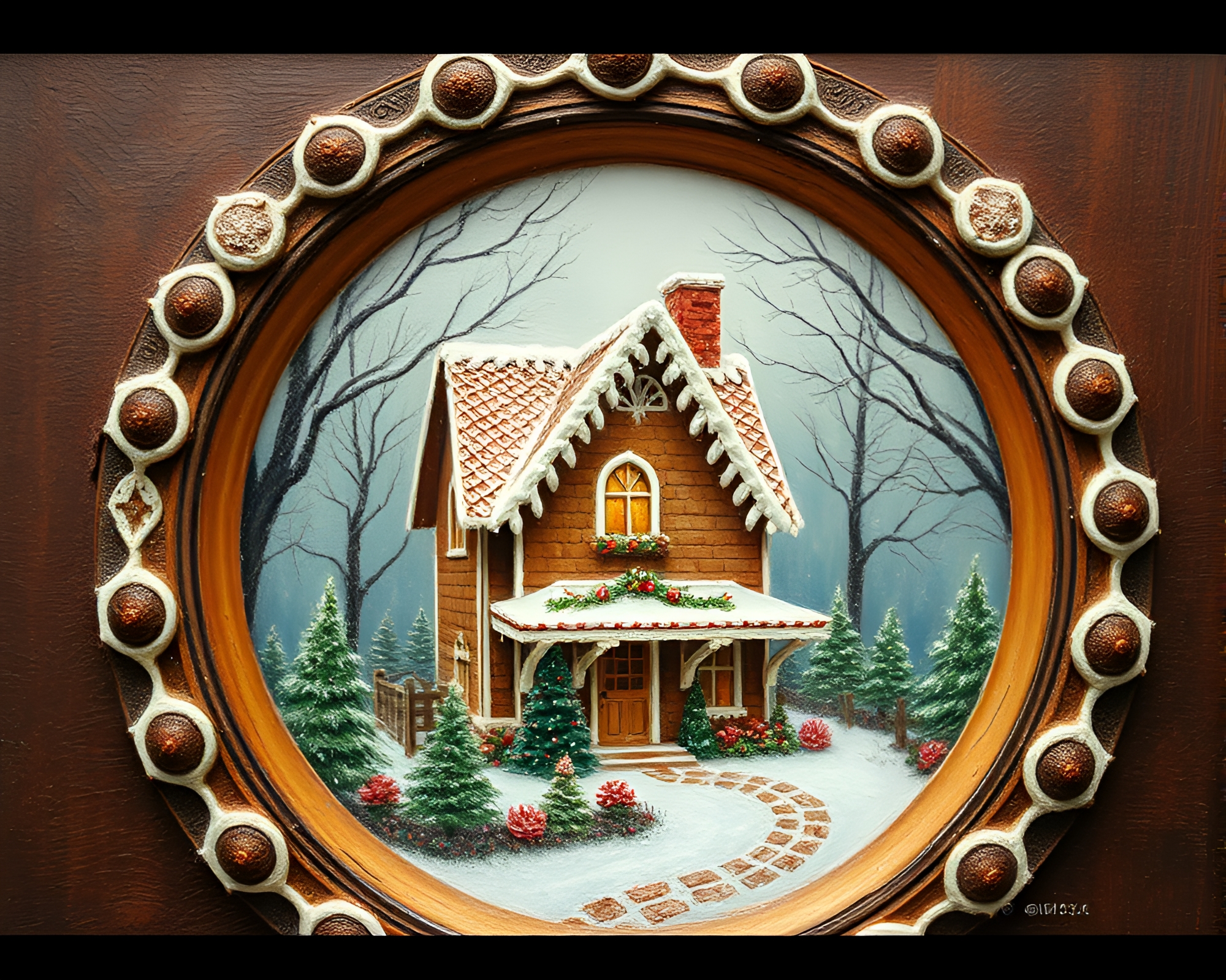 Gingerbread House in Circular Frame: Cinematic Expressionist Art – free AI stock image