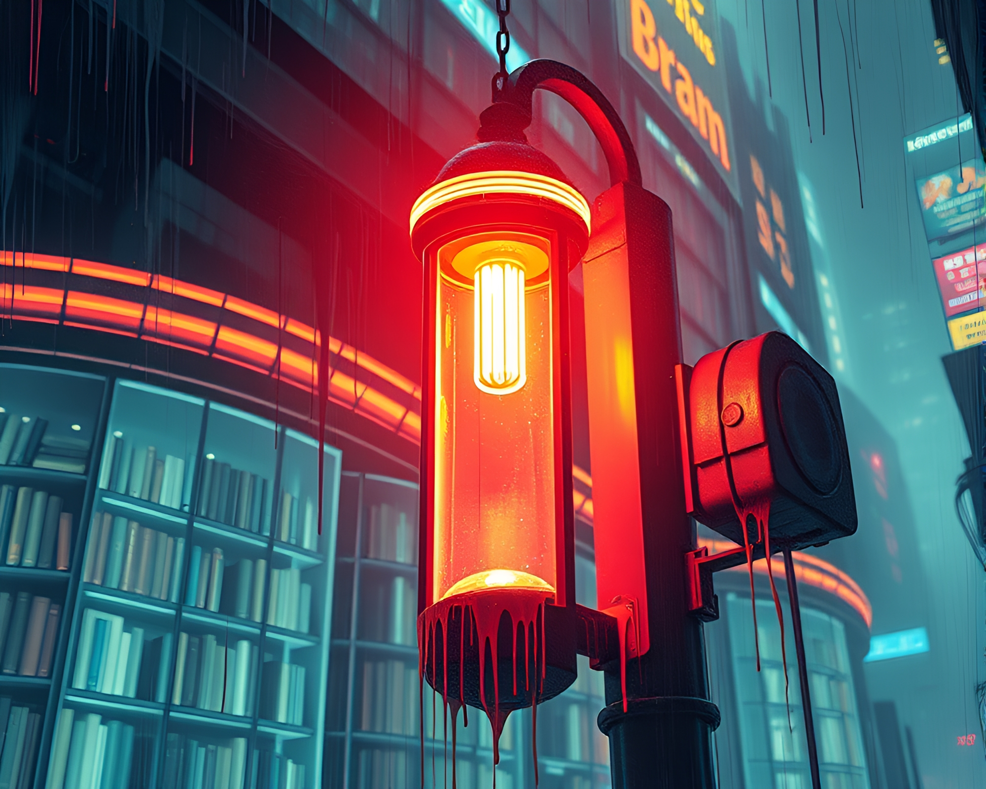 Futuristic City with Retrowave Style Library Glow – free AI stock image