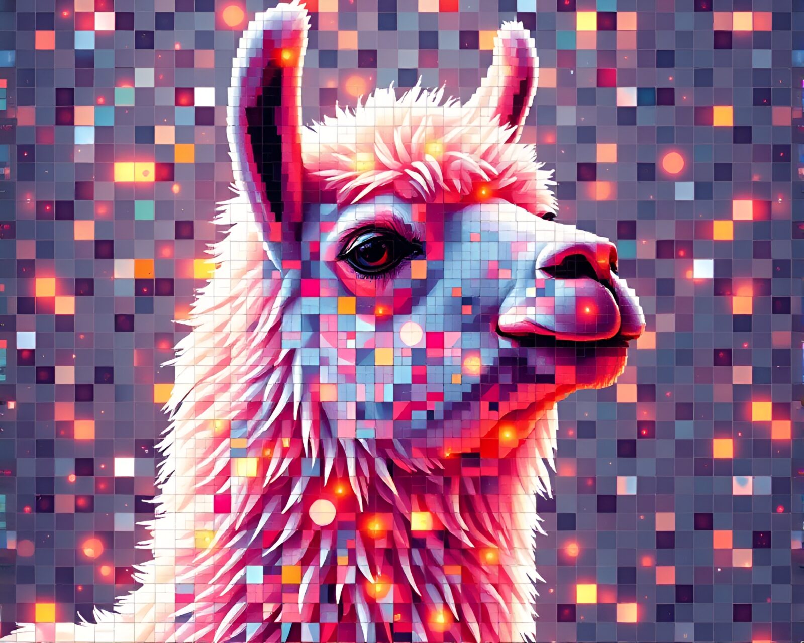 Abstract artwork of llama in pixel mosaic with fluid textures