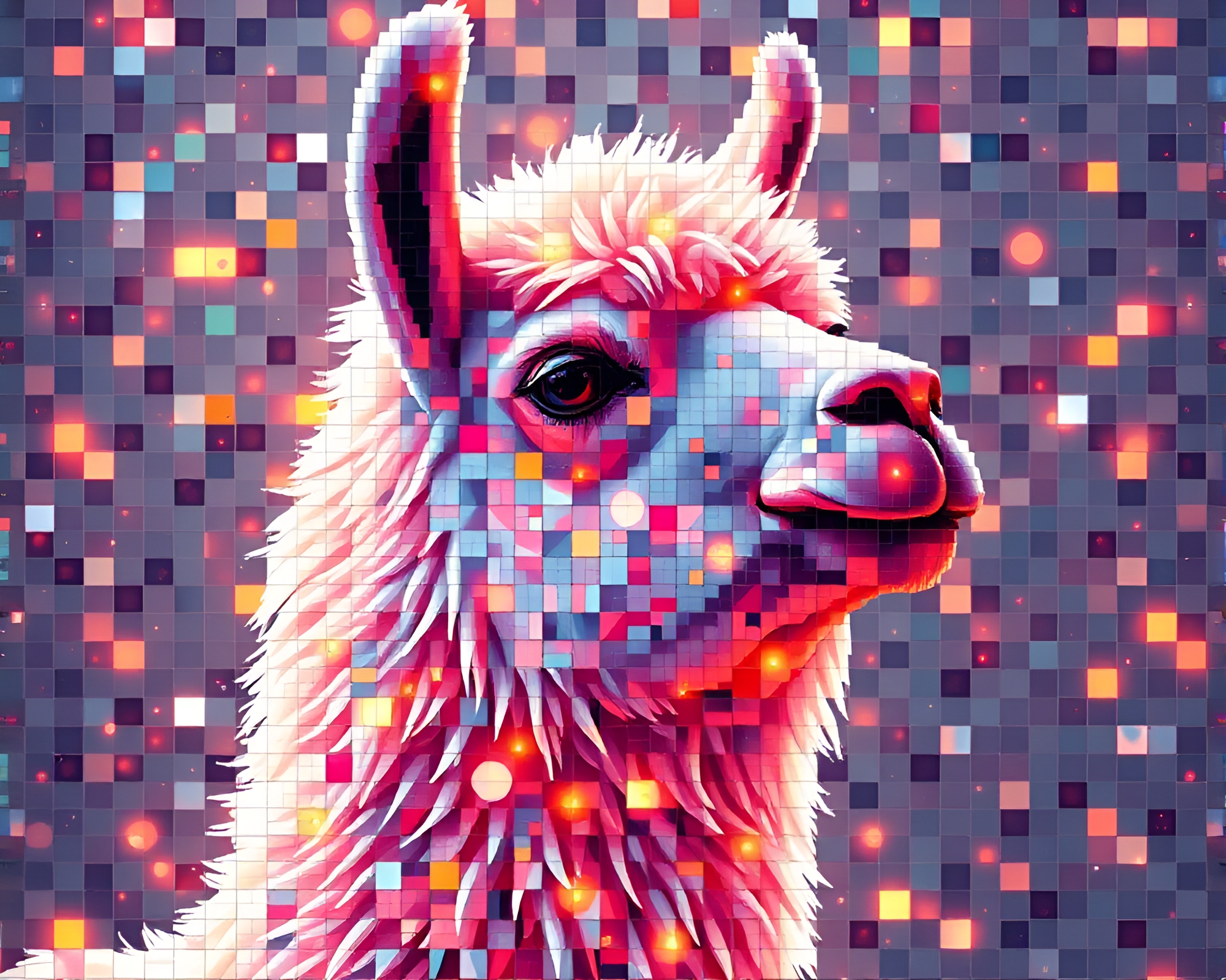 Llama-themed Mosaic Tiling in Pixelated Fluid Simulation – free AI stock image