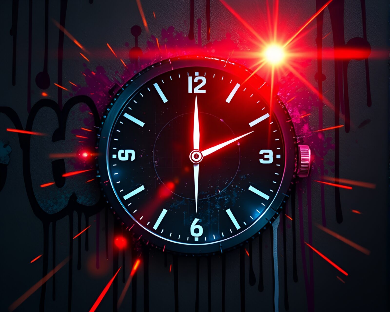 Colorful graffiti drips on a futuristic clock tower at dusk
