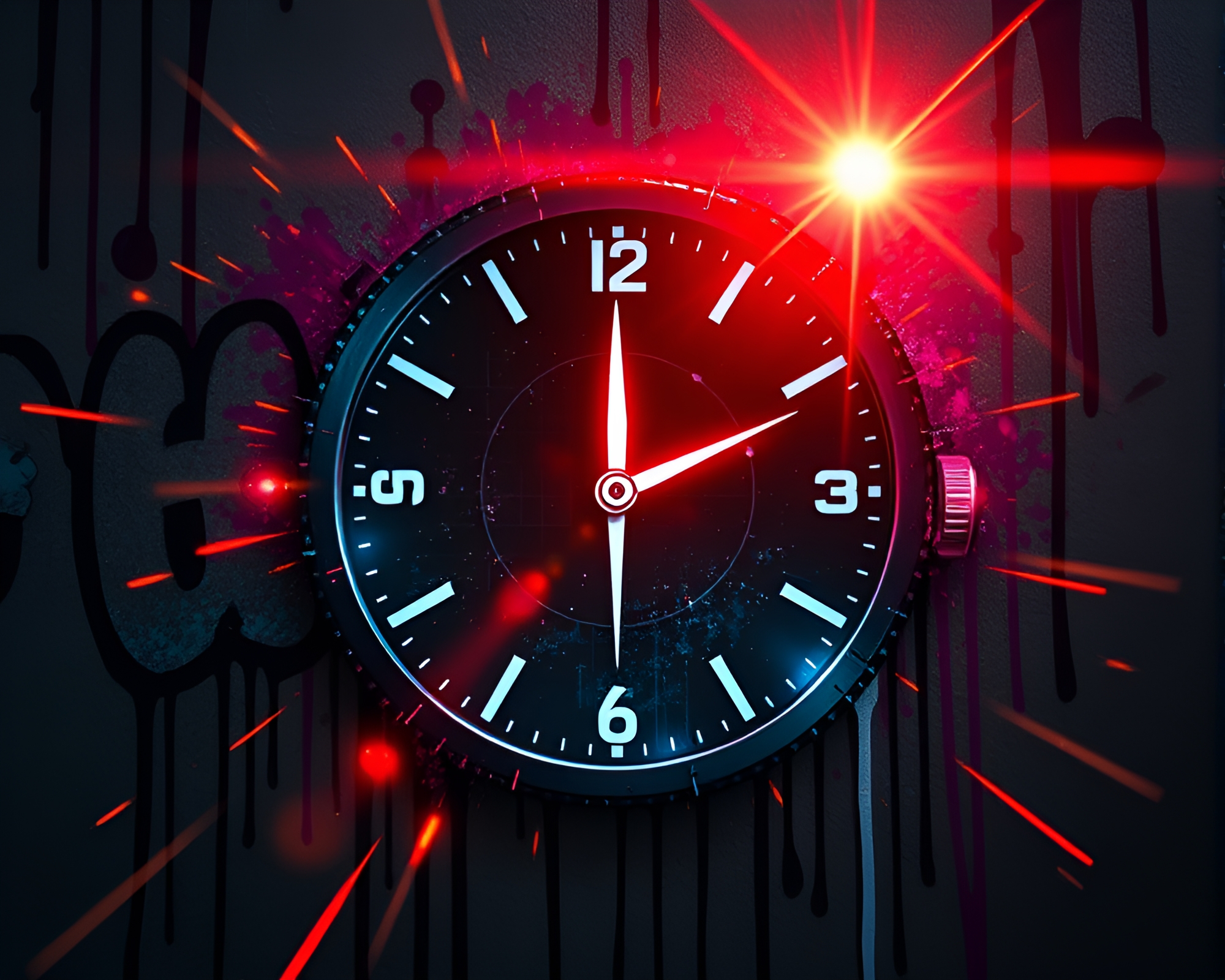 Futuristic Clock Tower Graffiti with Lens Flare – free AI stock image