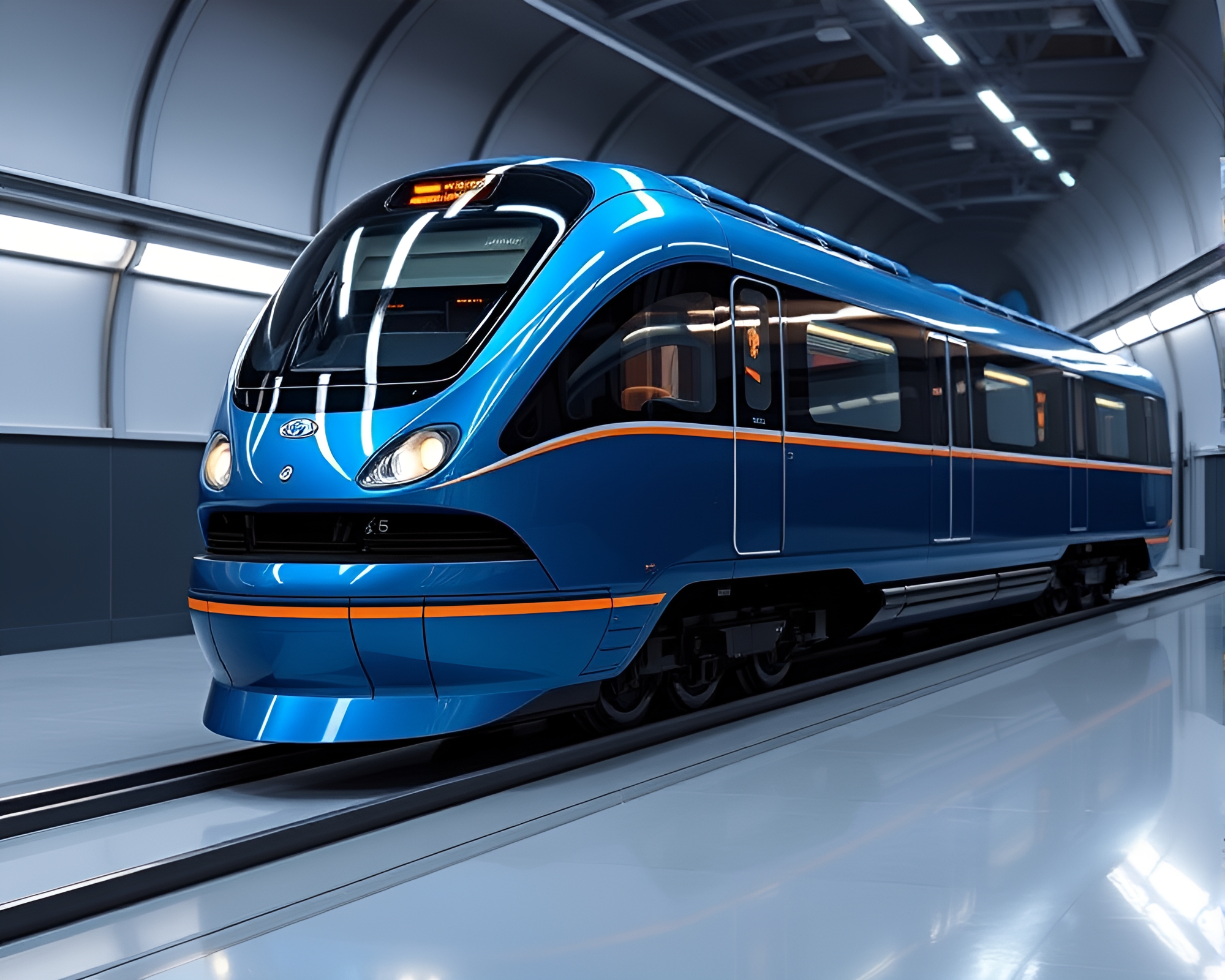 Retro Futurism Magnetic Levitation Train in Steel-Blue Finish – free AI stock image