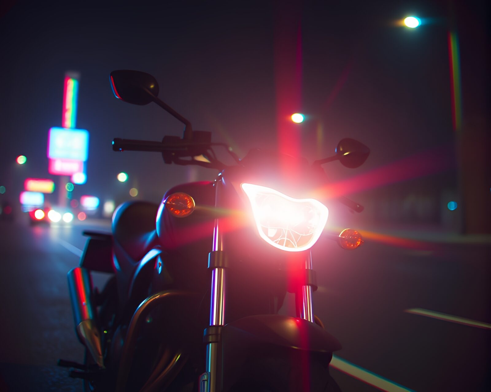 Vibrant anaglyph 3D scene with neon motorcycle and rainbow hues