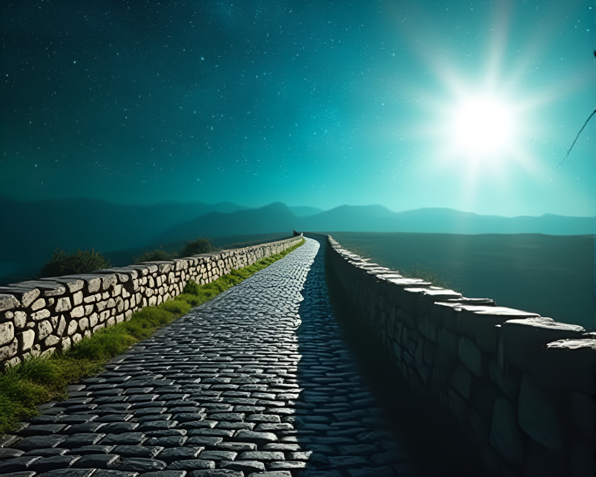 Teal Serenity: Cobblestone Path in Parallel Universe – free AI stock image