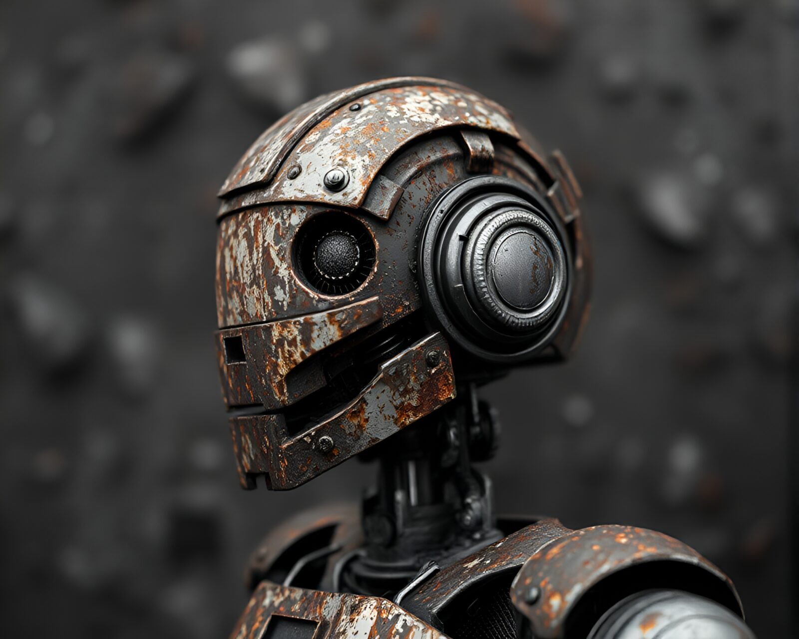Vintage robot's decaying gears with film grain effect