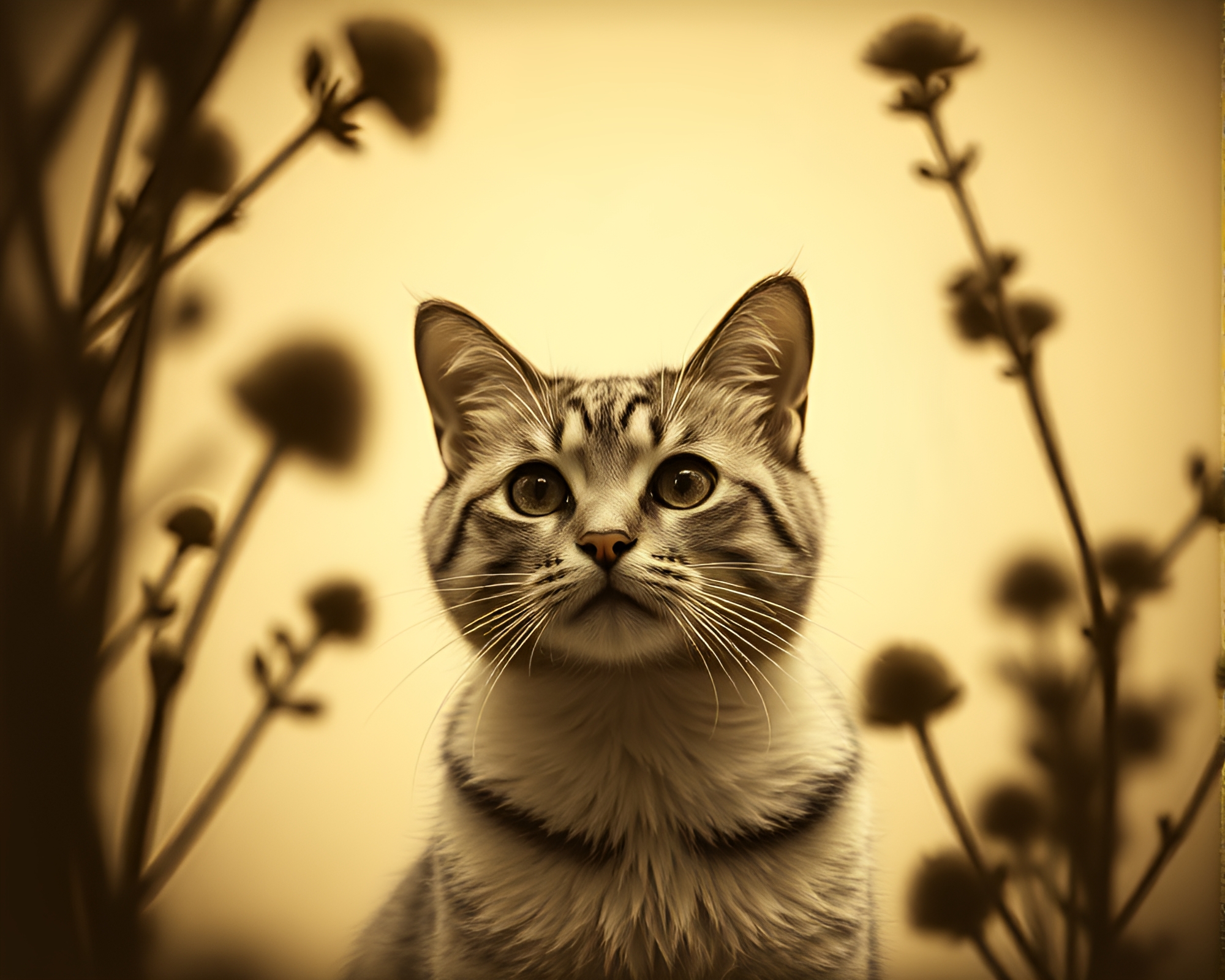 Schrodinger’s Cat in Botanical Sepia Framing – free AI stock image