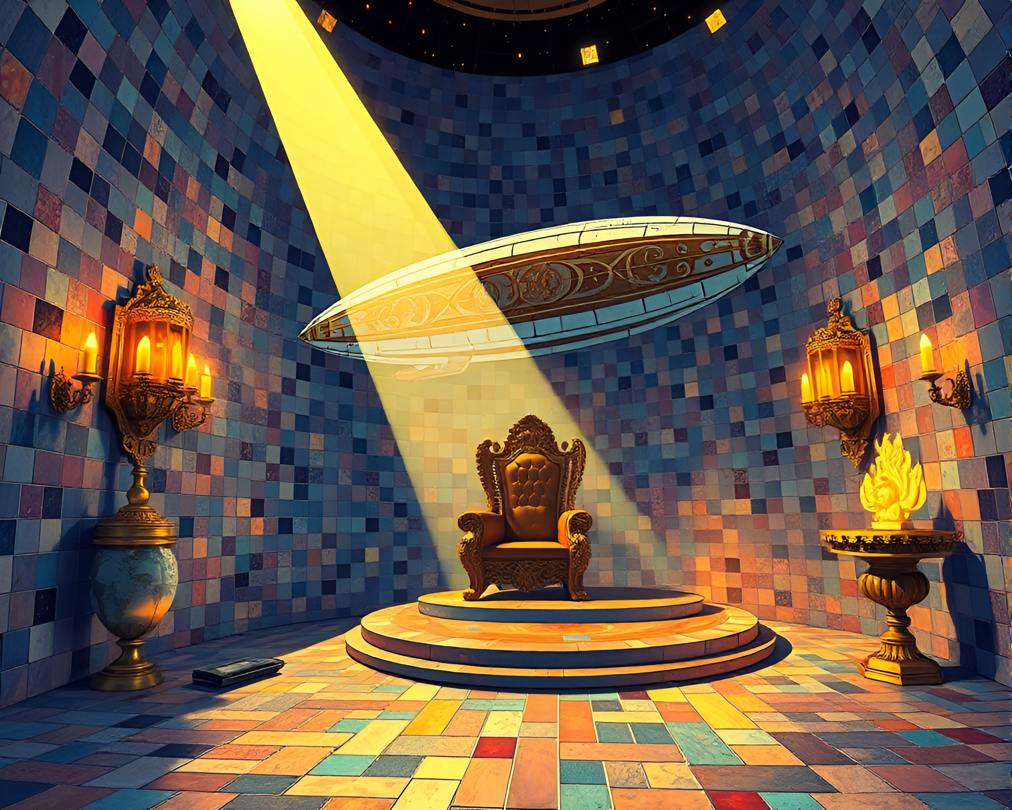 Fantasy Zeppelin Throne Room Mosaic Cartoon Art – free AI stock image
