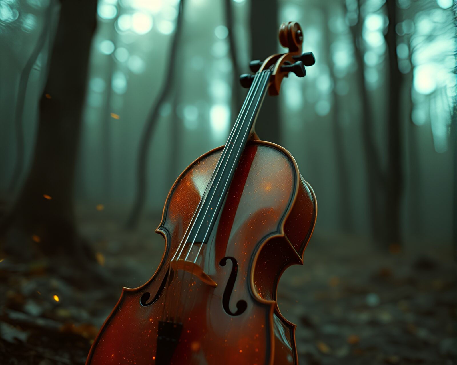 Abstract cellist in procedurally generated film grain environment