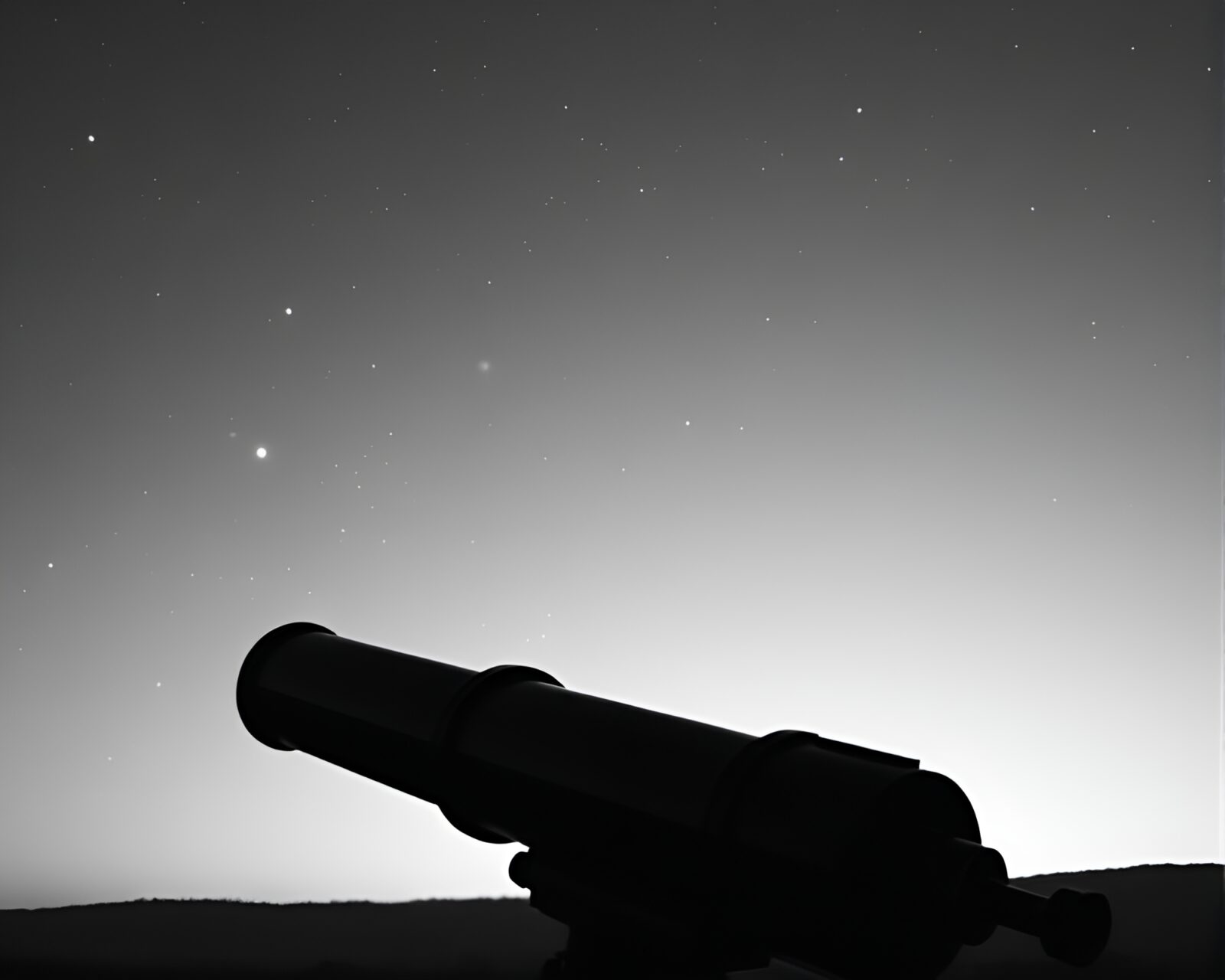 Monochrome image of antique telescope surrounded by bubbles in warm evening light