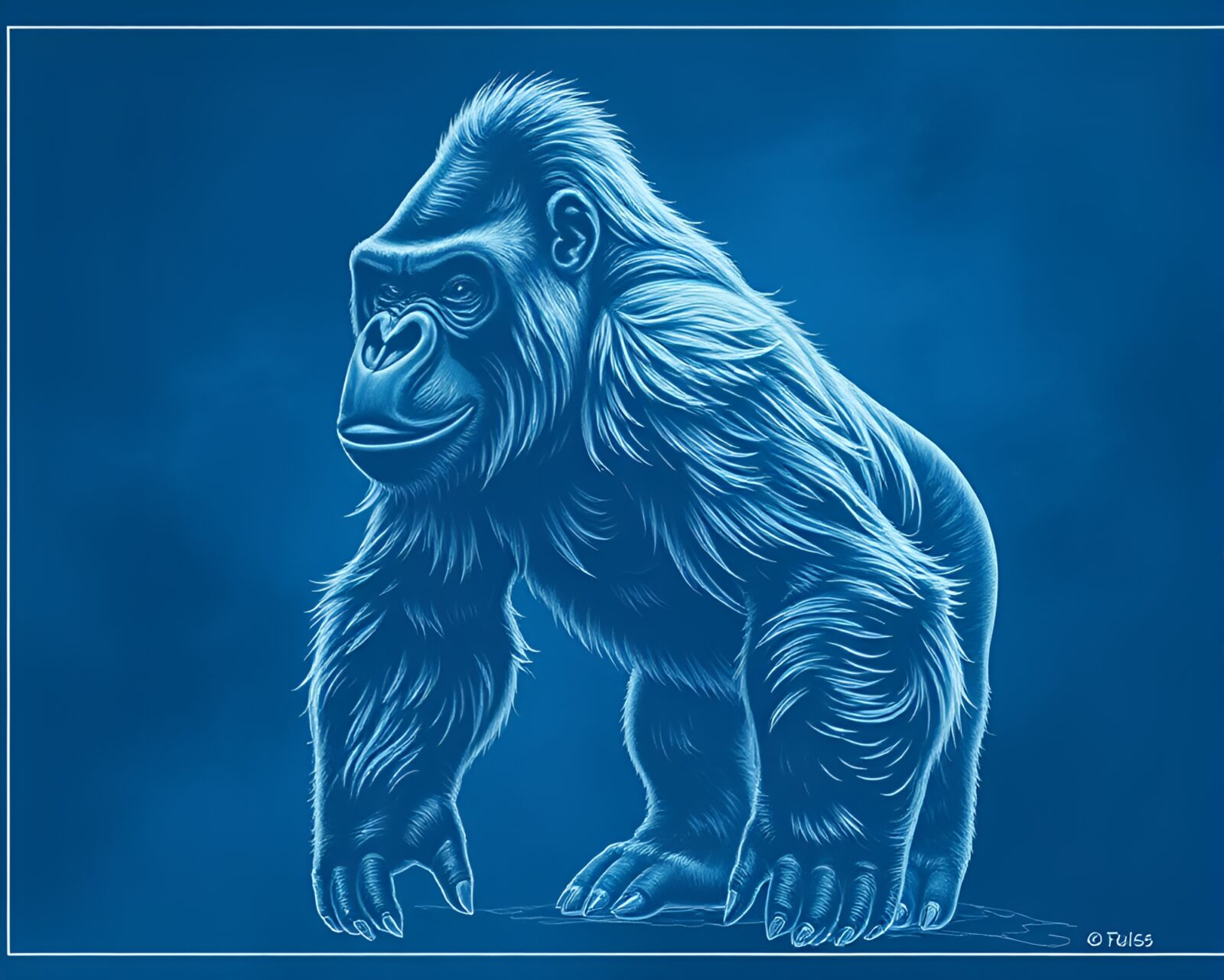Majestic gorilla in surreal blueprint style foggy landscape