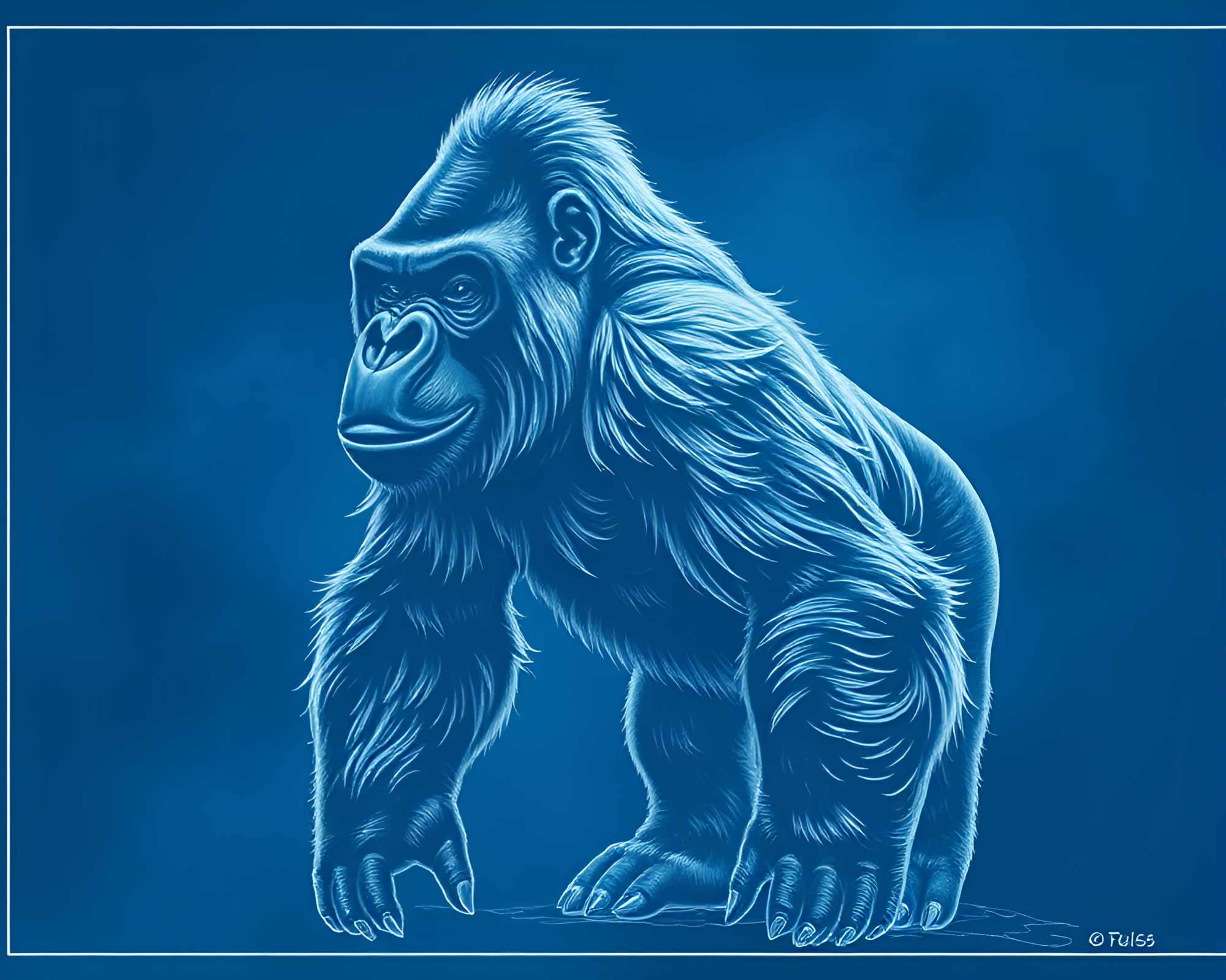Gorilla in Misty Blueprint Landscape – free AI stock image