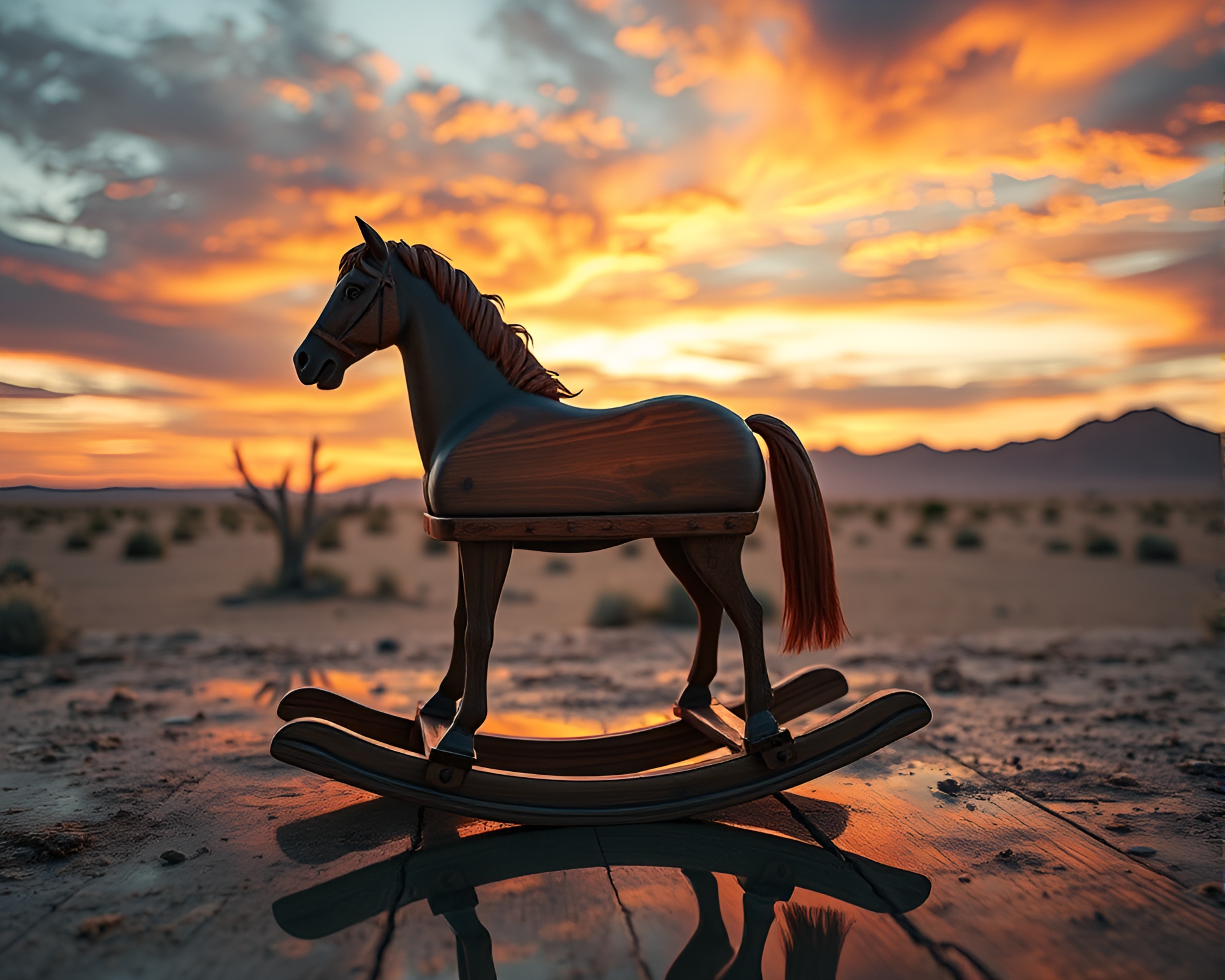 Desert Sunset Hologram Reflection: Wooden Rocking Horse Fantasy – free AI stock image