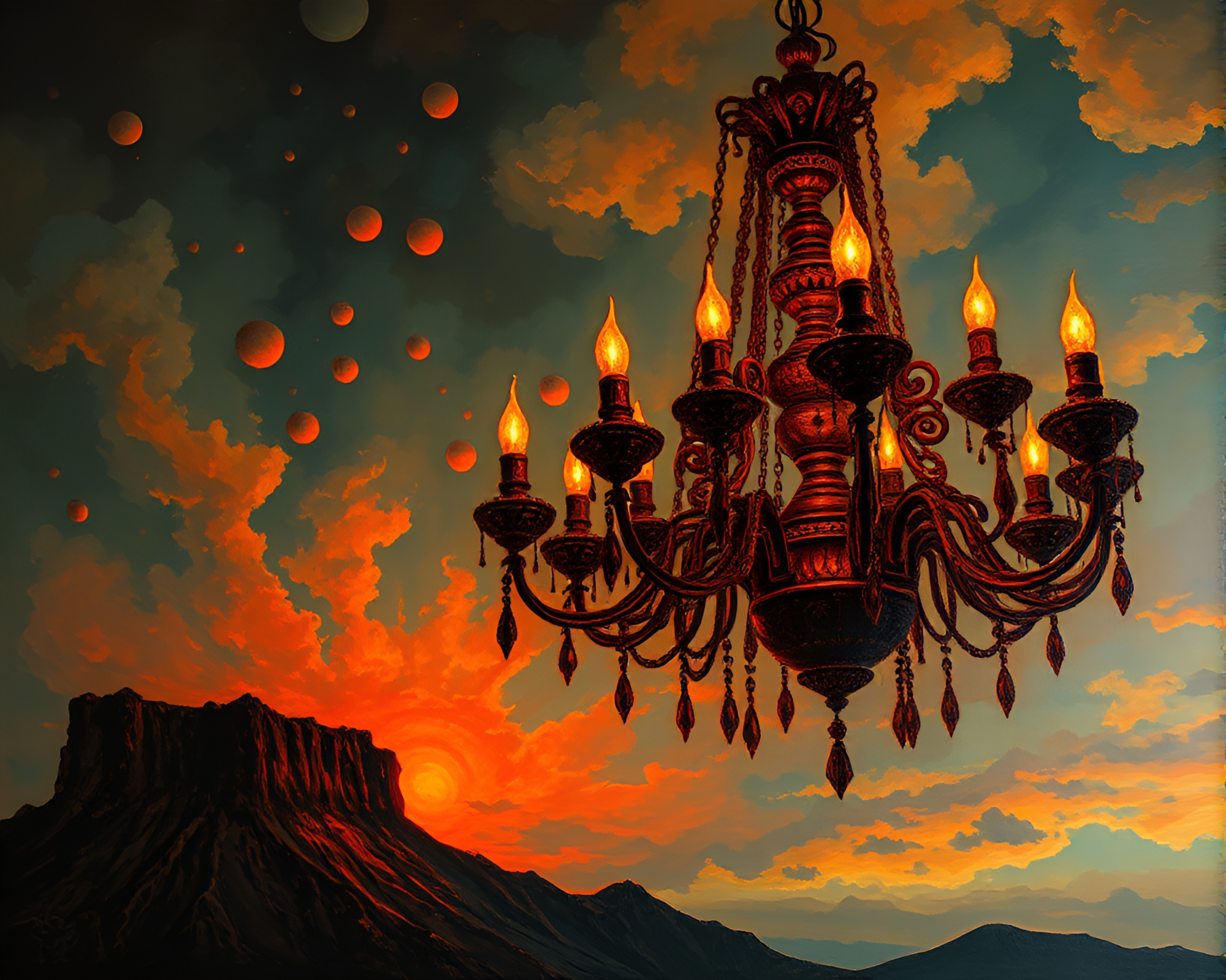 Victorian Chandelier Illuminated by Volcano-Red Sun Glares – free AI stock image