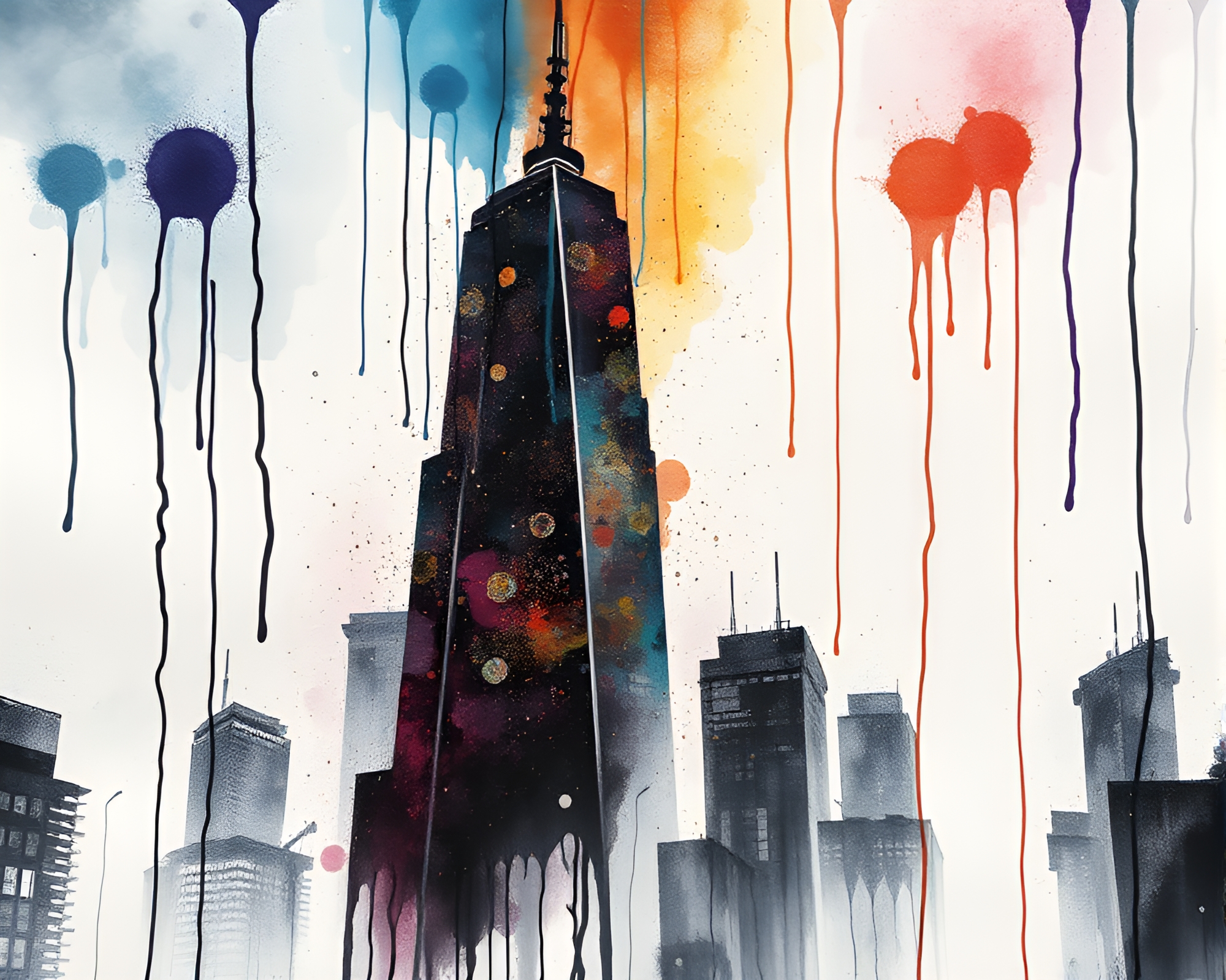 Abstract Skyscraper Ink Wash Art with Glitter Dust – free AI stock image