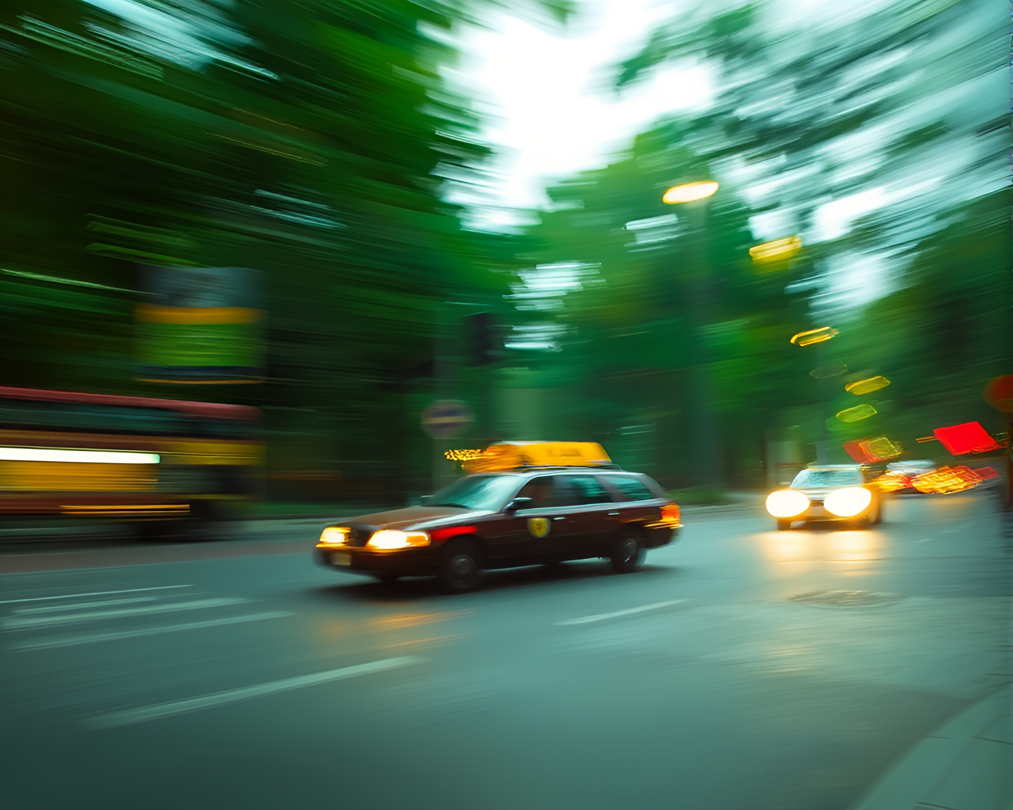 Taxi in Rainforest: Impasto Lantern Streaks – free AI stock image
