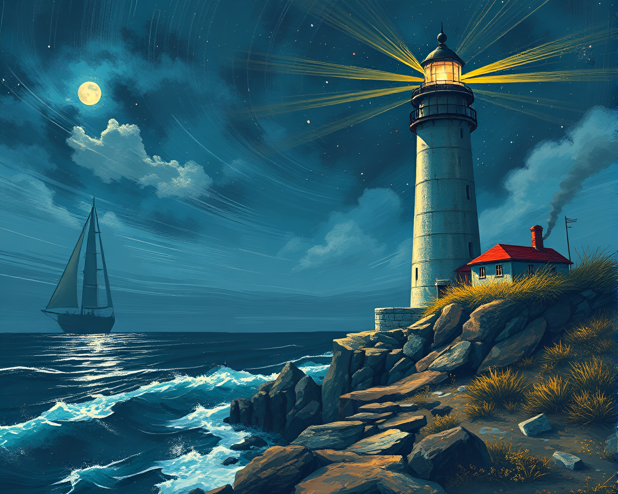 Ethereal Zoom Burst: Abandoned Lighthouse with Hard Shadows – free AI stock image