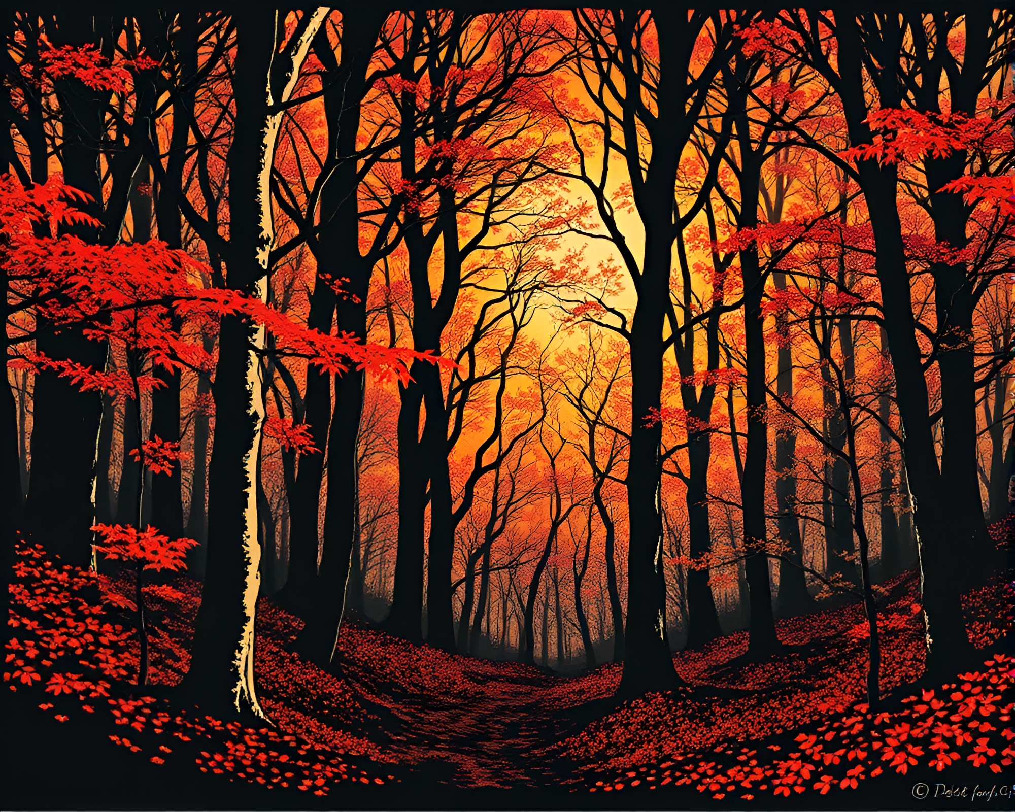 Fractal Glow: Autumn Forest Woodcut Print – free AI stock image